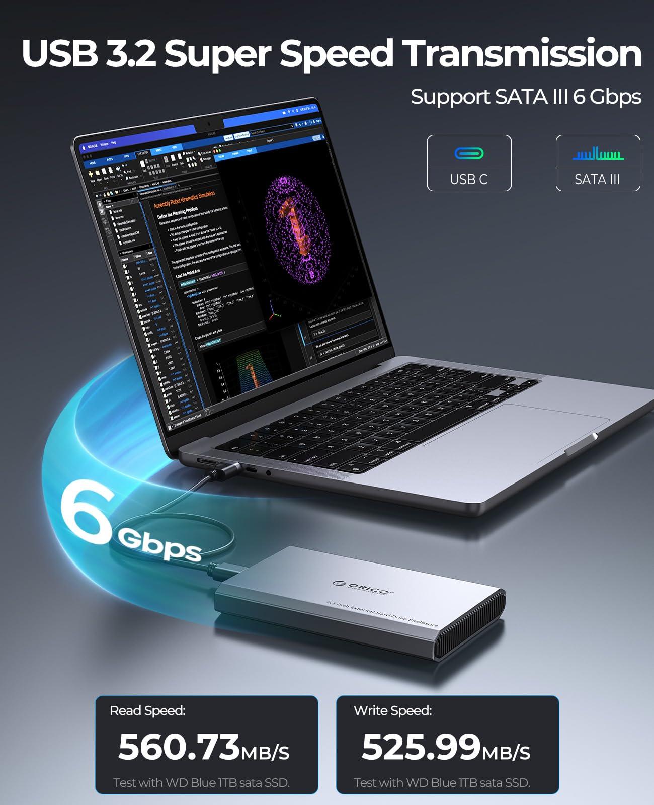 ORICO ORICO 512GB 2.5 Inch SATA SSD and Aluminum USB C Hard Drive Enclosure Bundle