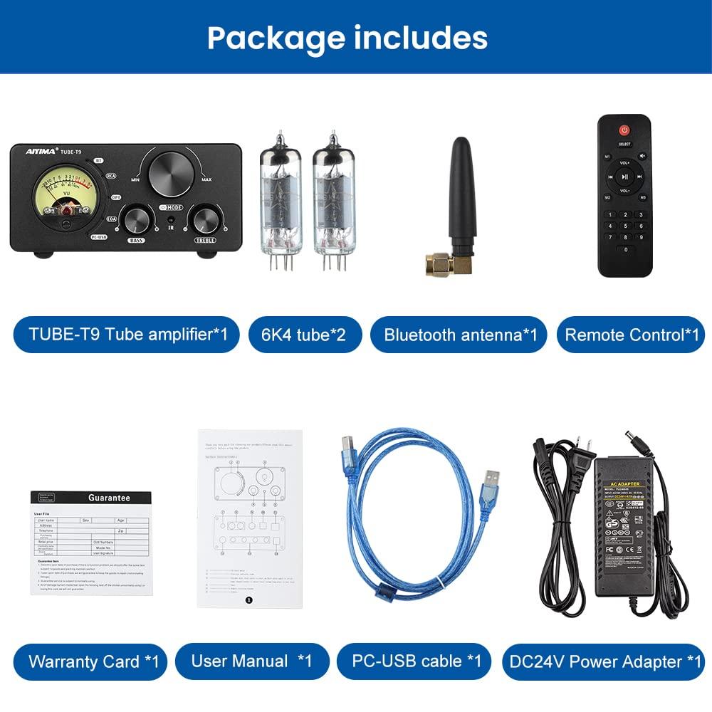 AIYIMA AIYIMA T9 100W*2 Bluetooth Stereo Amplifier Class D Amp 2.0/2.1 Channel Tube Power Amp with PC-USB DAC Coaxial Optical inputs &VU Meter & Bass Treble Tone Control for Home Stereo Speakers