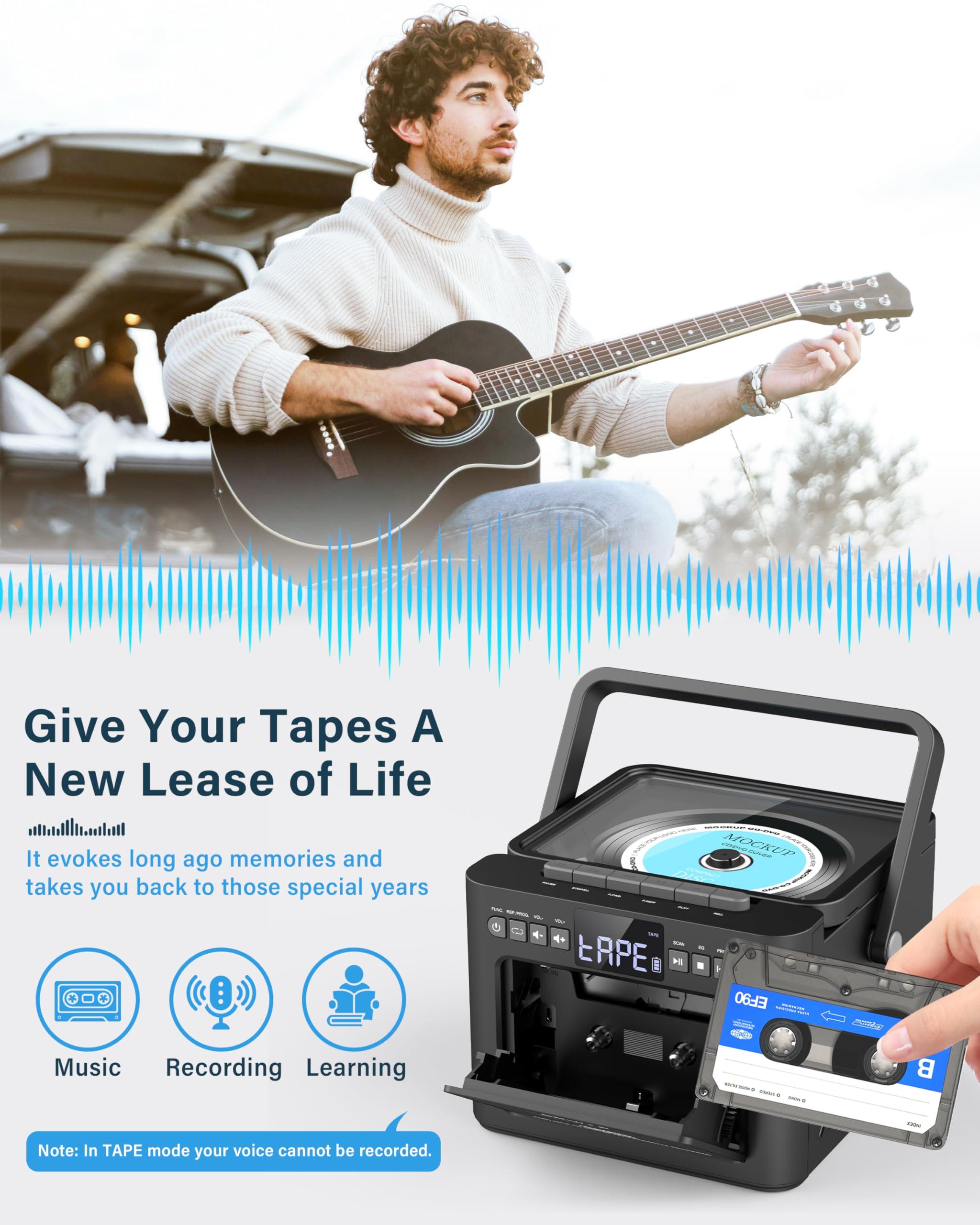 Greadio Greadio Boombox CD and Cassette Player Combo, 5000mAh Rechargable CD Player Boombox with Bluetooth Receive/Transmit/FM Radio/USB/TF/AUX/Remote Control, Boom Box CD Cassette Player for Home Outdoor