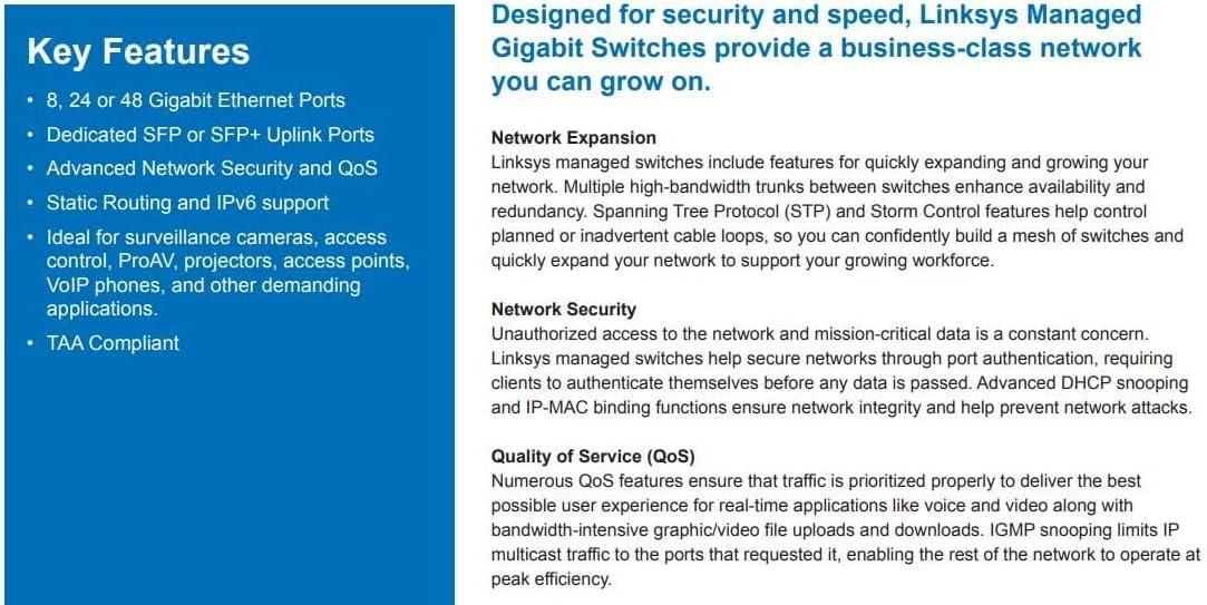 Linksys 24-Port Managed Gigabit PoE+ Switch with 4 10G SFP+ Uplinks 410W TAA Compliant LGS328MPC