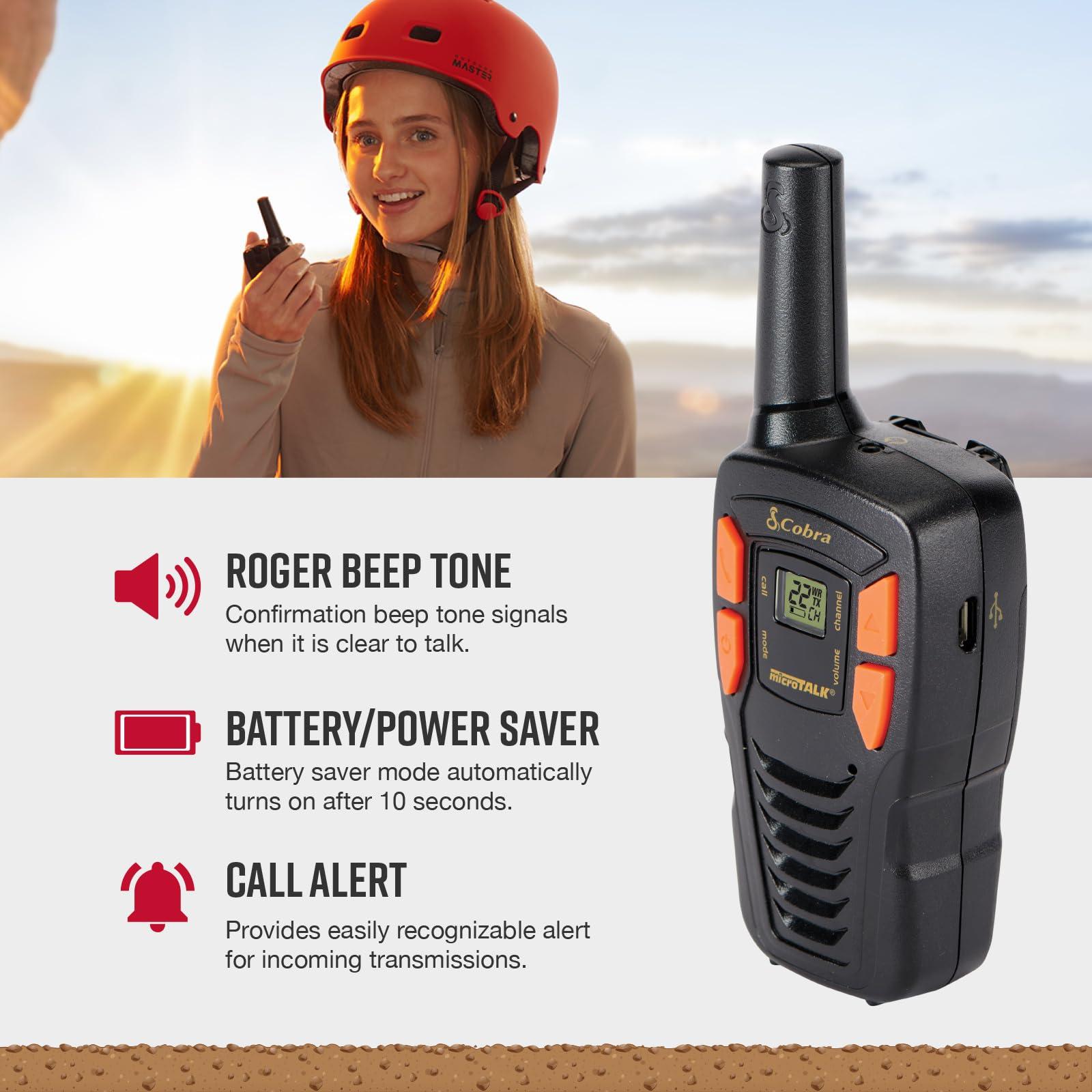 Cobra Cobra ACXT145 Compact and Lightweight Walkie Talkies for Adults & Compatible Cobra Surveillance Headset: Rechargeable, 22 Channels, Long-Range, 2 Two-Way Radios, 2 Headsets, Black/Orange