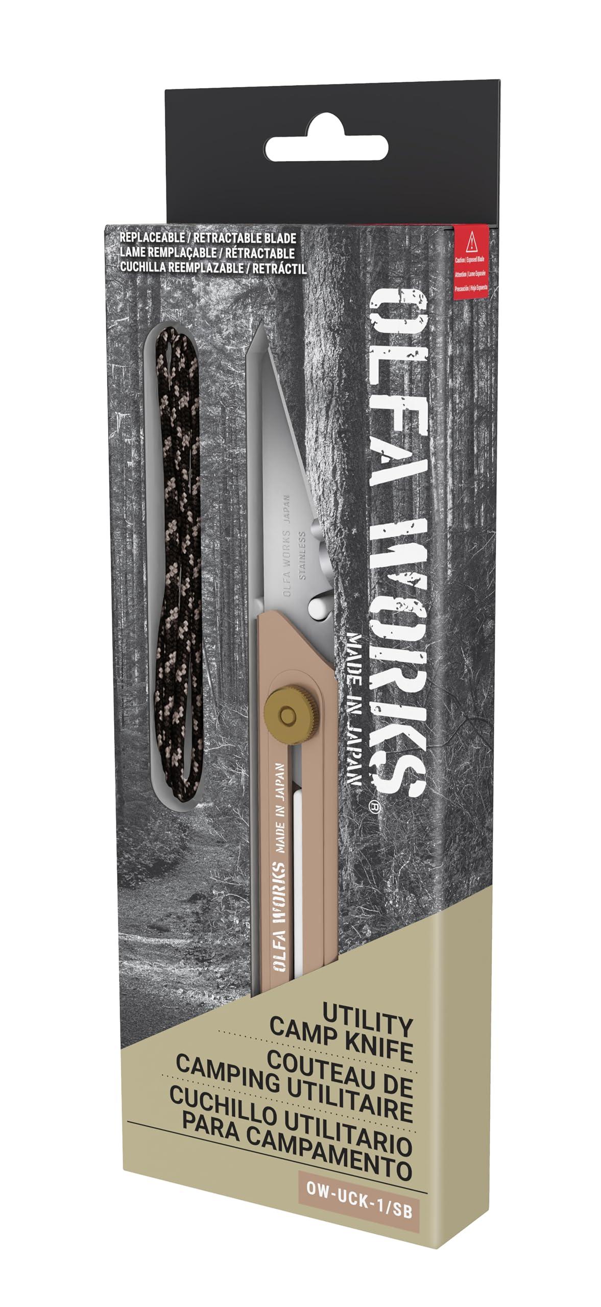 OLFA OLFA WORKS OW-UCK-1/SB Utility Camp Knife High Carbon Stainless Steel Blade - Multipurpose Outdoor Knife, Great for and Camping Activities - Brass Wheel Lock, Replacement Blade: OWB-UCB-1 (Sand)
