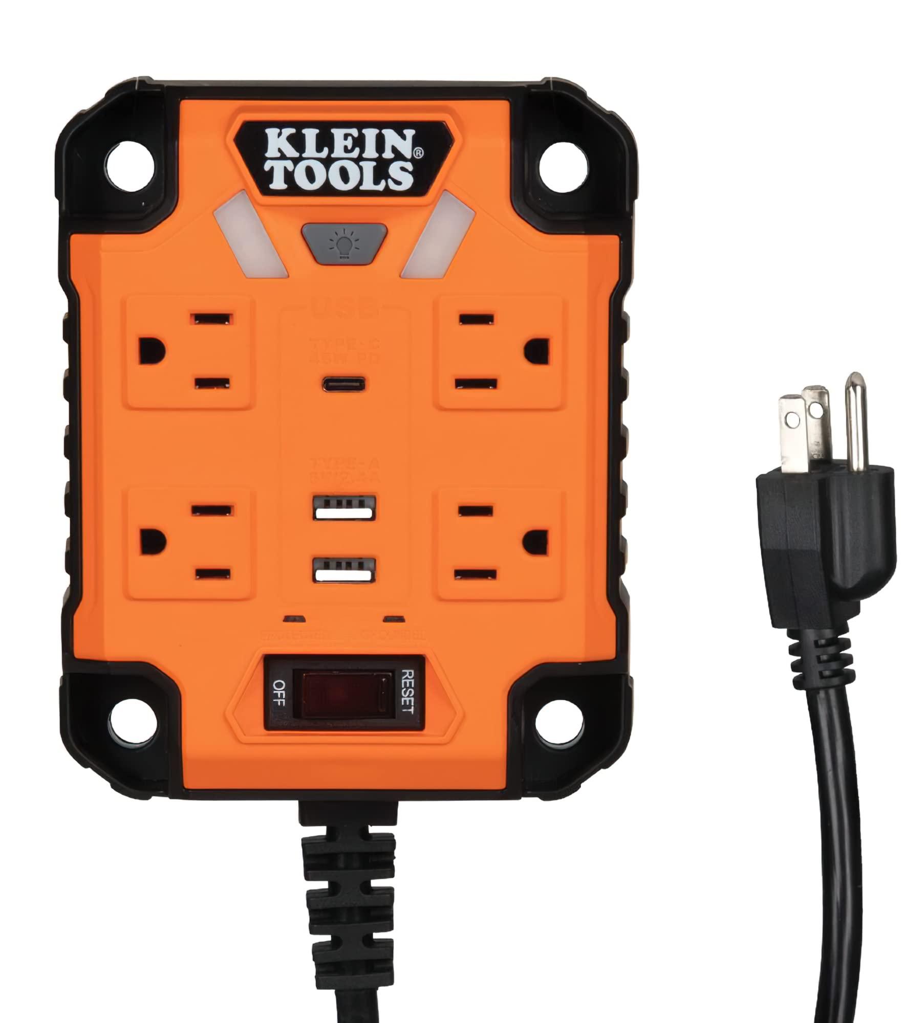 KLEIN TOOLS Klein Tools 29601 Magnetic Power Strip with Surge Protector, Extension Cord, 4 Outlets, 3 USB Ports & 32561 Multi-Bit Screwdriver/Nut Driver, 6-in-1 Stubby Screwdriver with 2 Phillips