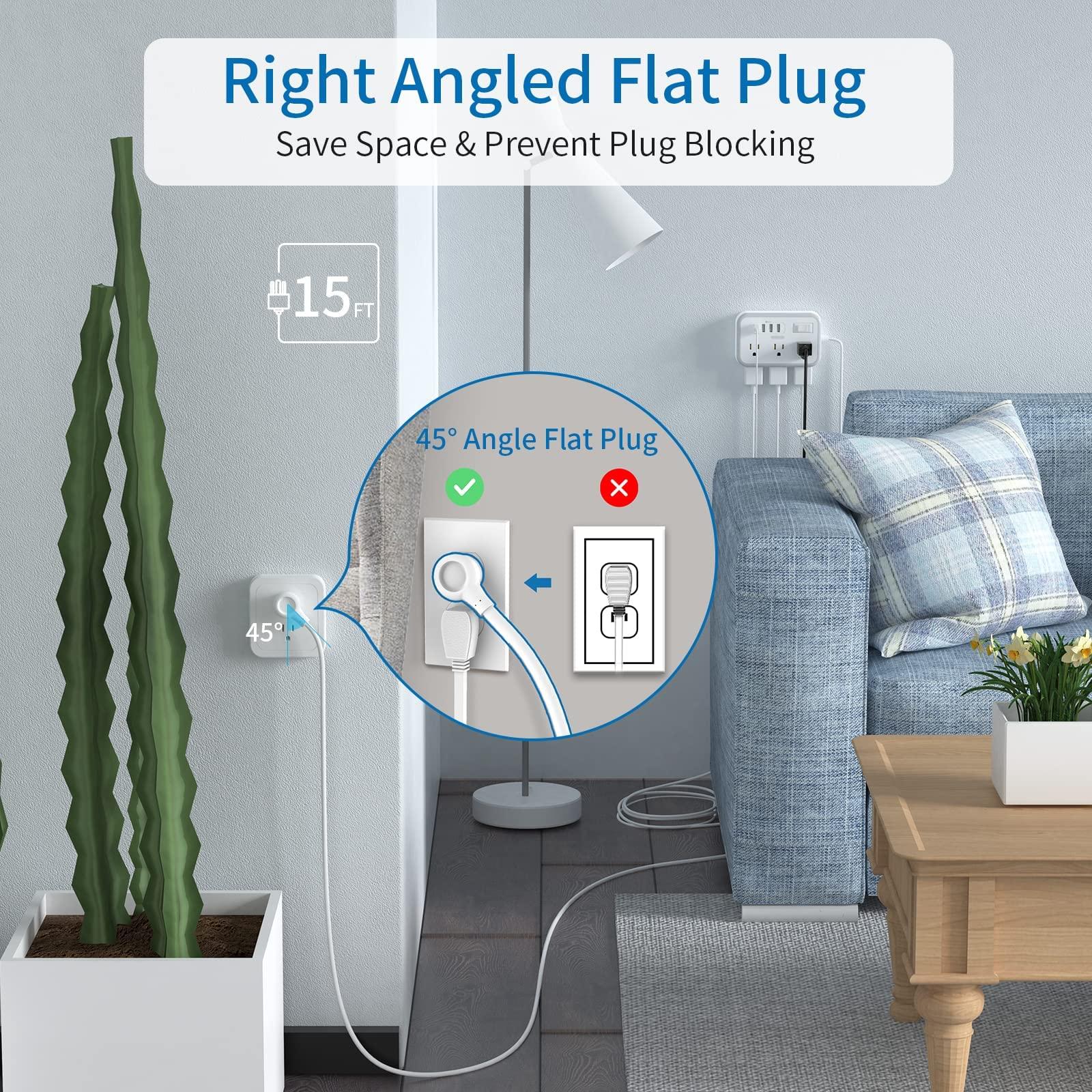 NTONPOWER Long Extension Cord 15 Ft Bundle, NTONPOWER Flat Plug Power Strip with USB Ports, Desktop Charging Station, Wall Mountable, Compact for Home, Office, Nightstand and Dorm Room Essentials