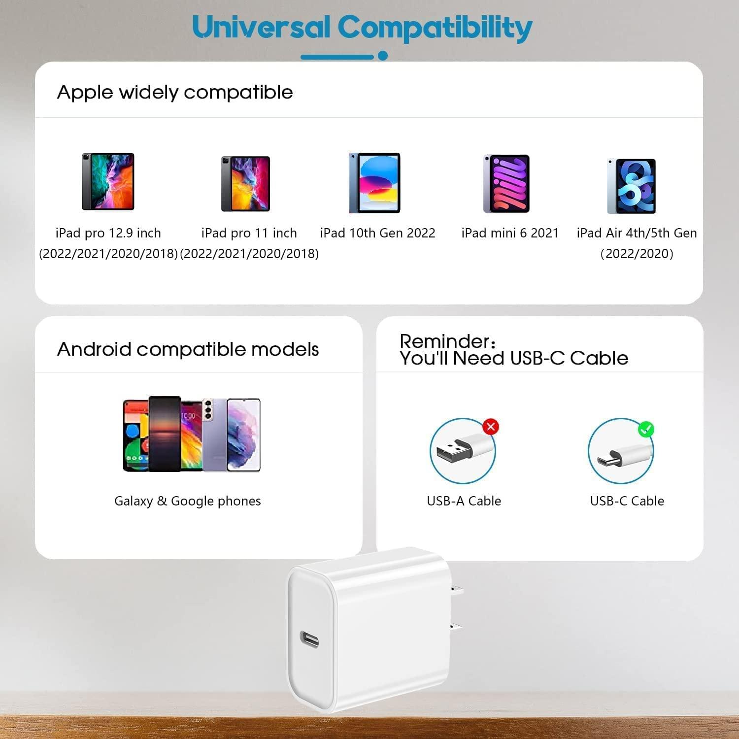 BikeAnything USB C iPad Fast Charger for iPad 10th,iPad Pro 12.9/11 in 2022/2021/2020/2018,iPad Air 4th/5th Gen,iPad Mini 6th Generation,iPad Wall Fast Charger Block with Extra Long 10FT USB C to C Cable