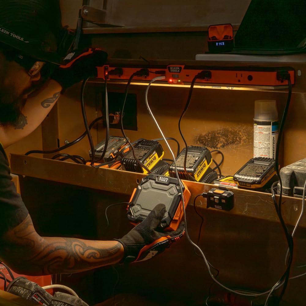 KLEIN TOOLS Klein Tools 29602 Magnetic Power Strip, Surge Protector with Motion Sensor LED Light, 5 Outlets, USB-C and 2 USB-A Ports, 5-Foot Cord, Heavy Duty for Workshop