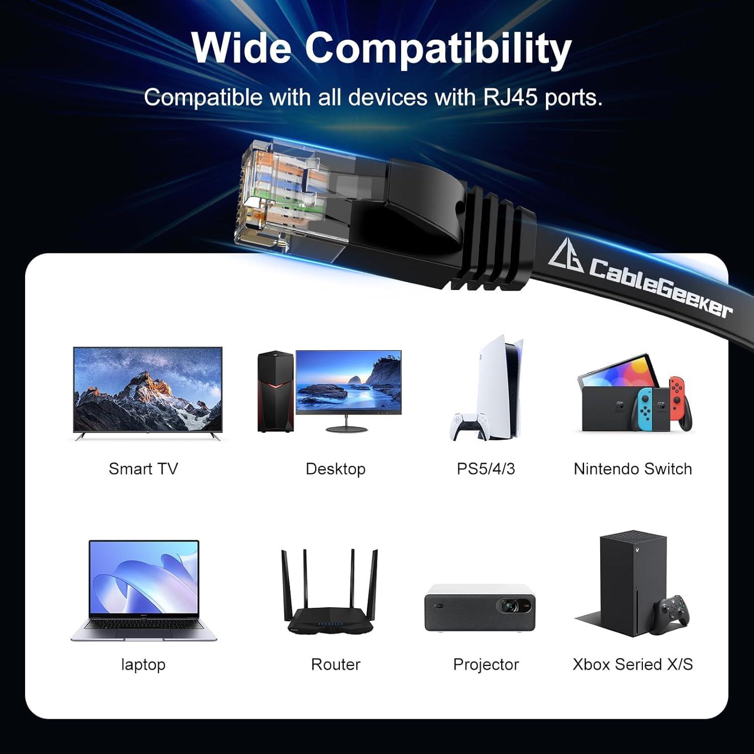 CableGeeker Cat 6 Ethernet Cable 10 ft (5 Pack) (at a Cat5e Price but Higher Bandwidth) Flat Internet Network Cables - Cat6 Ethernet Patch Cable Short - Black Computer Cable with Snagless RJ45 Connectors