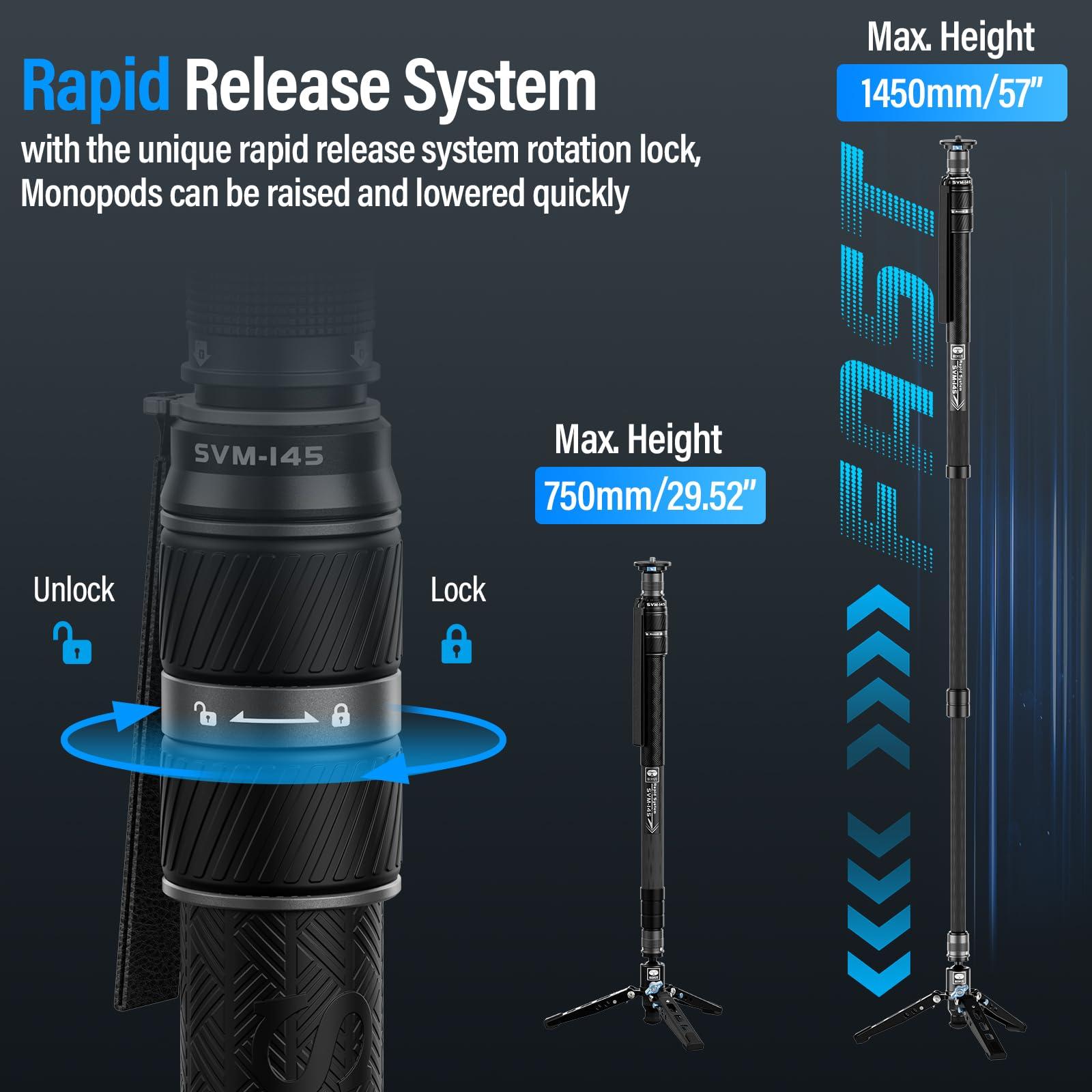 Sirui SIRUI SVM-145 Camera Monopod with Feet, 60.7" Professional Carbon Fiber Monopod with Fluid Video Head, One-Step Height Adjustment, Lightweight Travel Monopod for DSLR Camera, Modular, Max Load 22lbs