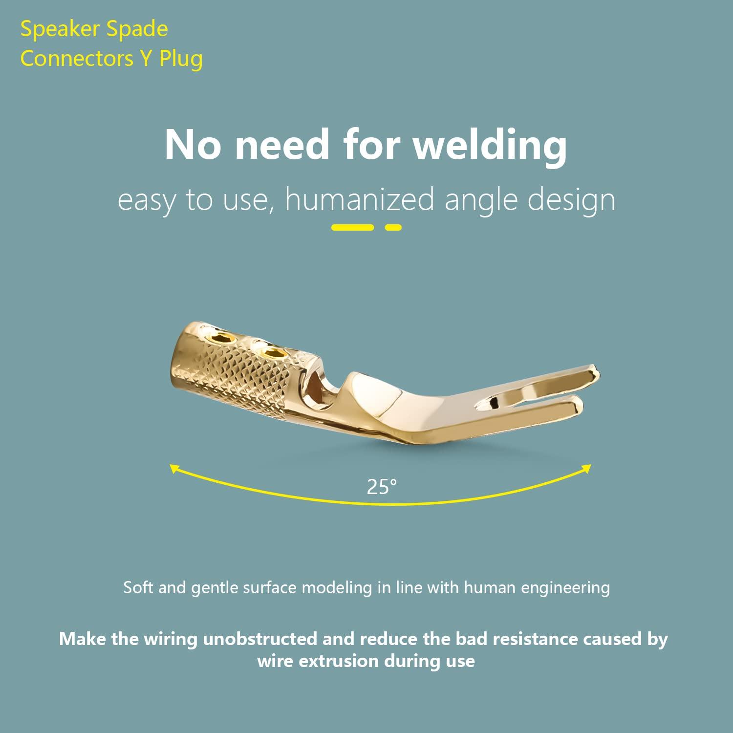 Tertullus Tertullus 8 Pcs Pure Copper Speaker Spade Connectors Y Plug Spade Speaker Wire Connectors 45 Degree Gold Plated Screw Locking Adapter Fork Spade Plugs for Speaker Wire DIY