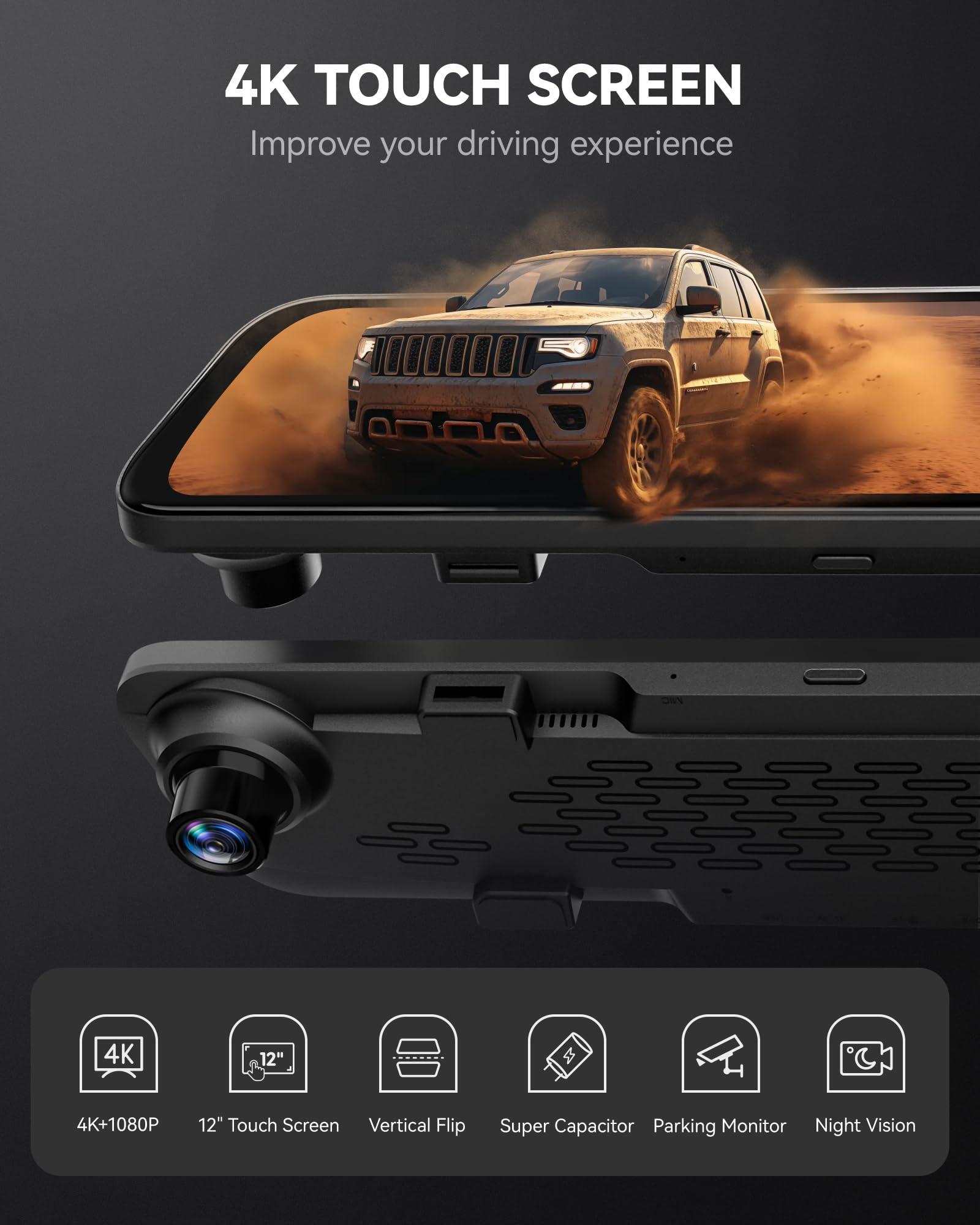 WOLFBOX WOLFBOX G840S 12\" 4K Mirror Dash Cam Backup Camera, 2160P Full HD Smart Rearview Mirror for Cars & Trucks, Front and Rear View Dual Cameras, Night Vision, Parking Assistance, Free 32GB Card & GPS