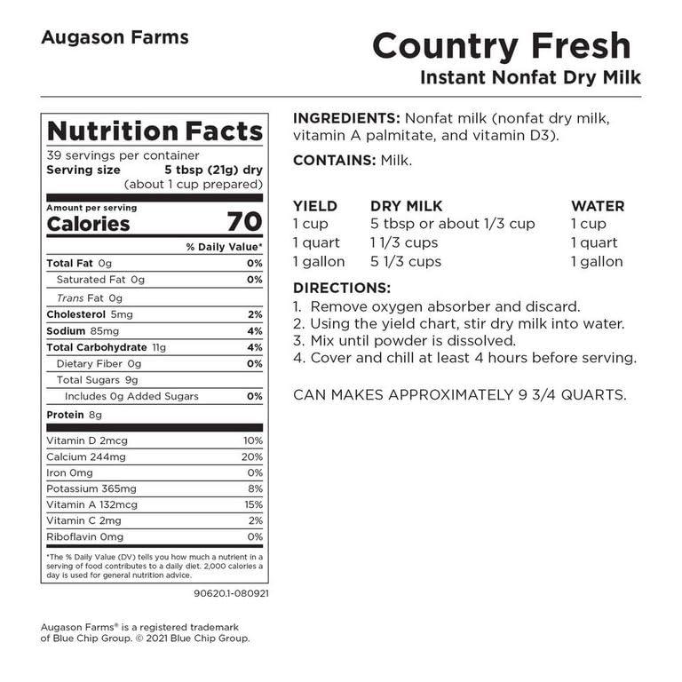 Augason Farms Augason Farms Country Fresh Instant Nonfat Dry Milk Can, Emergency Food Supply, Everyday Meals, 39 Servings