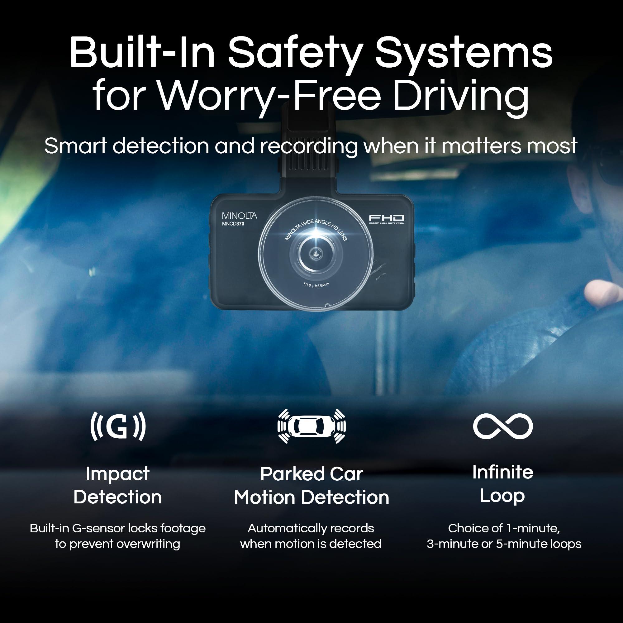 Minolta Minolta 1080p Dash Cam with G-Sensor - 3.0" LCD, 120 Wide-Angle Lens, Loop Recording, Parking Monitor, Emergency Lock, USB Power, Windshield Mount, 16GB Card Included, Compact (Black)