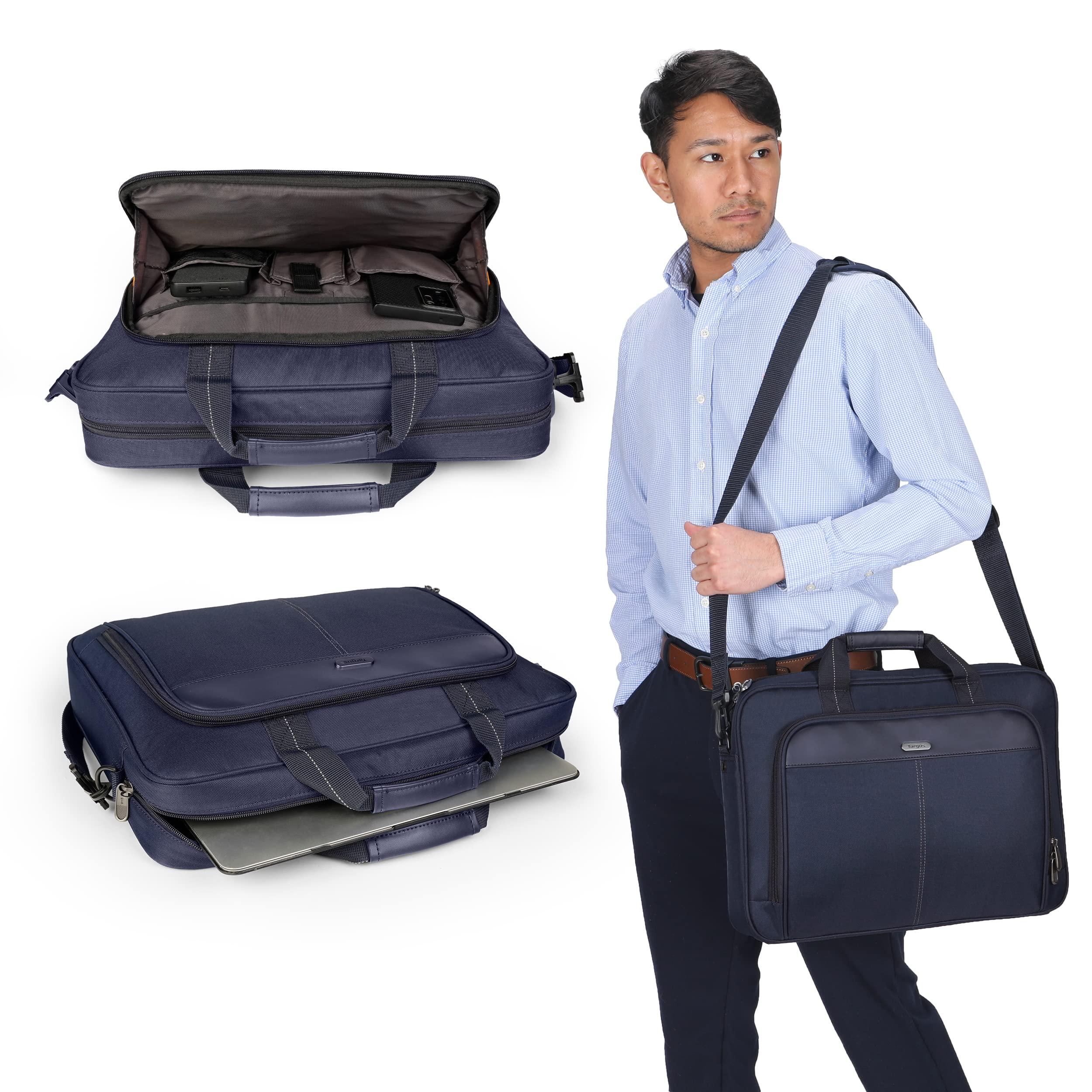 Targus Targus 15-16 Inch Classic Slim Laptop Bag, Blue - Ergonomic Briefcase and Messenger Bag - Spacious Foam Padded Laptop Bag for 16" Laptops and Under (TCT027US)