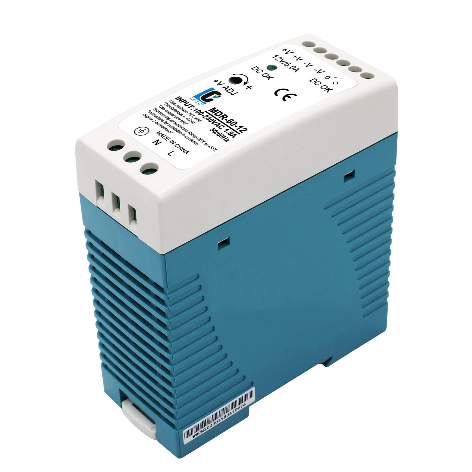 LCLCTC DIN Rail DC 12V Switching Power Supply MDR 60W (Input:100-240VAC,Output:12VDC,50/60HZ) Switch Converter (12V 5A)