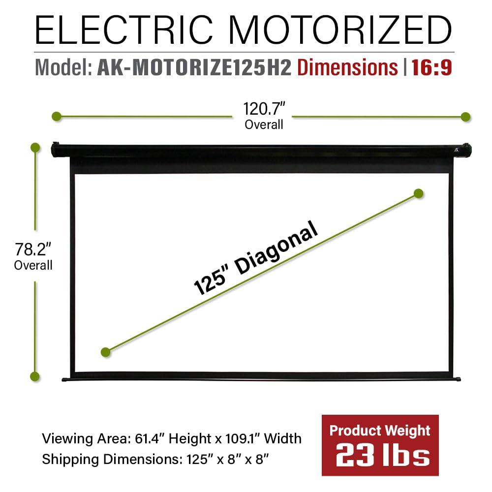 AKIA SCREENS Akia Screens 125 inch Motorized Projector Screen Electric Drop Down Remote Controlled 16:9 8K 4K HD 3D Retractable Ceiling Wall Mount Black Projection Screen Office Home Movie Theater AK-MOTORIZE125H2