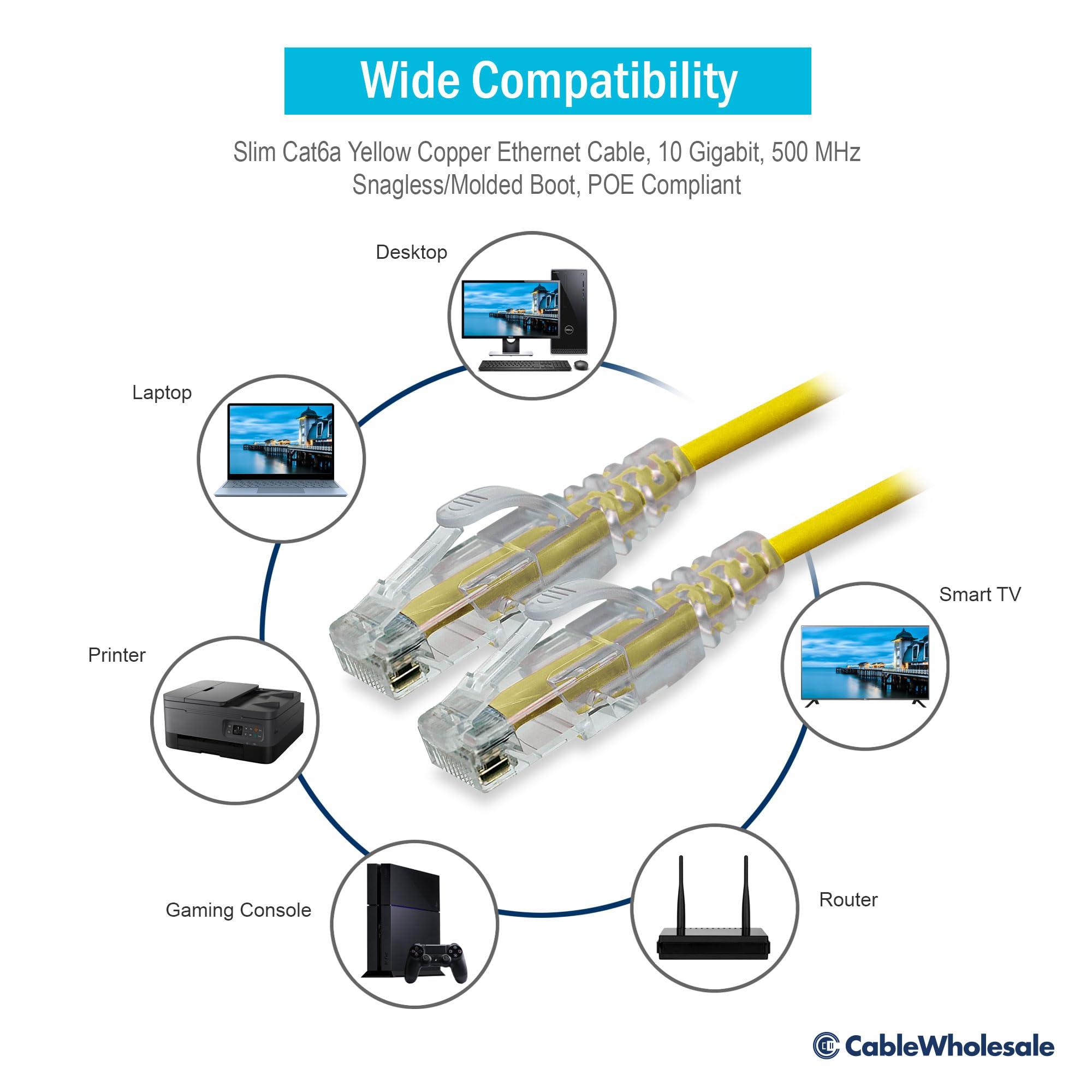 CableWholesale CableWholesale Slim Cat6a Ethernet Patch Cable, 28AWG, 500MHZ, ETL/UL/CSA Approved, RJ45 Copper Connector Snagless/Boot, Internet Network Patch Cable, Yellow, 15 Feet