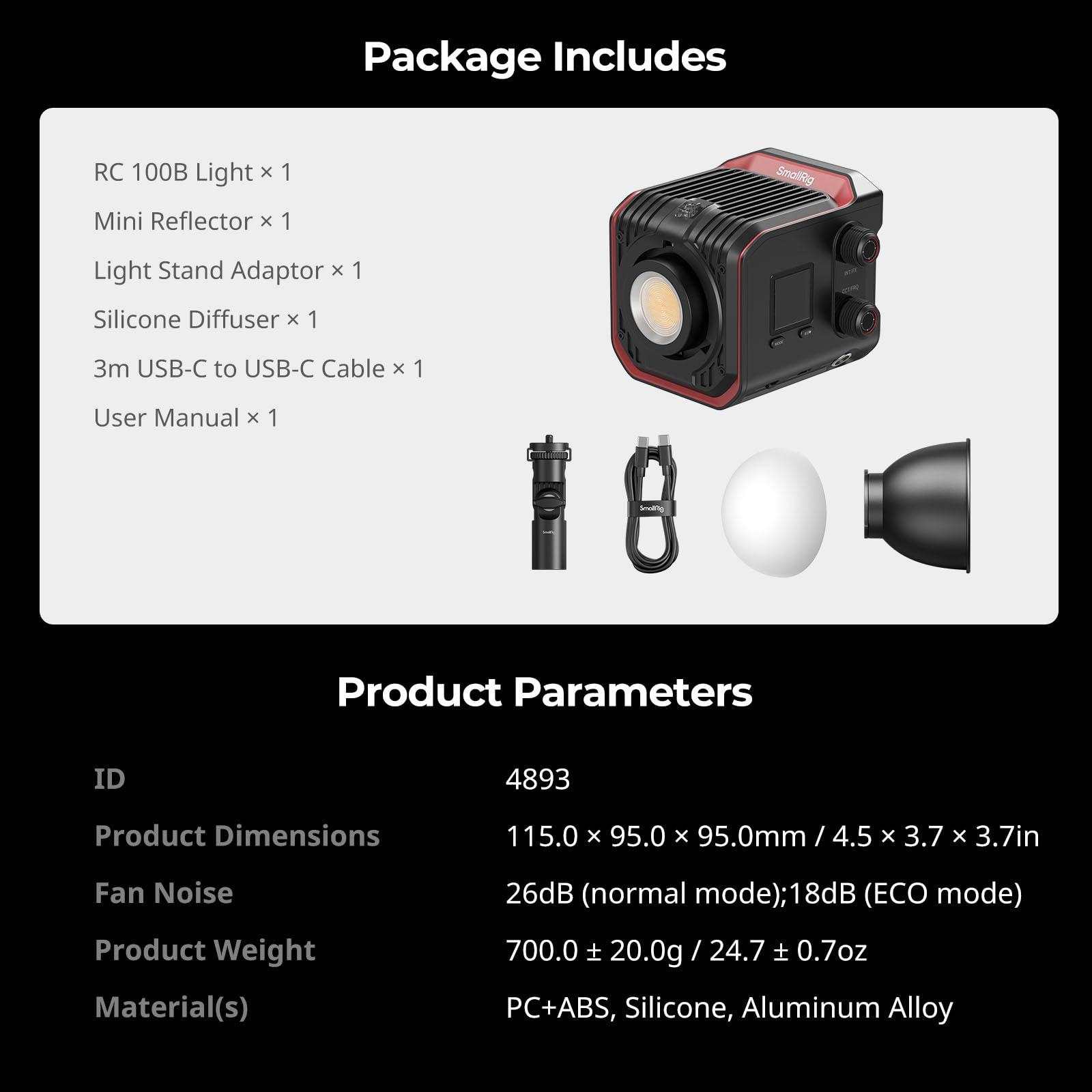 SMALLRIG SmallRig RC 100B COB Video Light, 100W Bi-Color 2700K-6500K, Type-C PD Fast Charging, Built-in Battery Plate, with App Control for Photography, Photo Studio, Standard Version (Without Battery) 4893