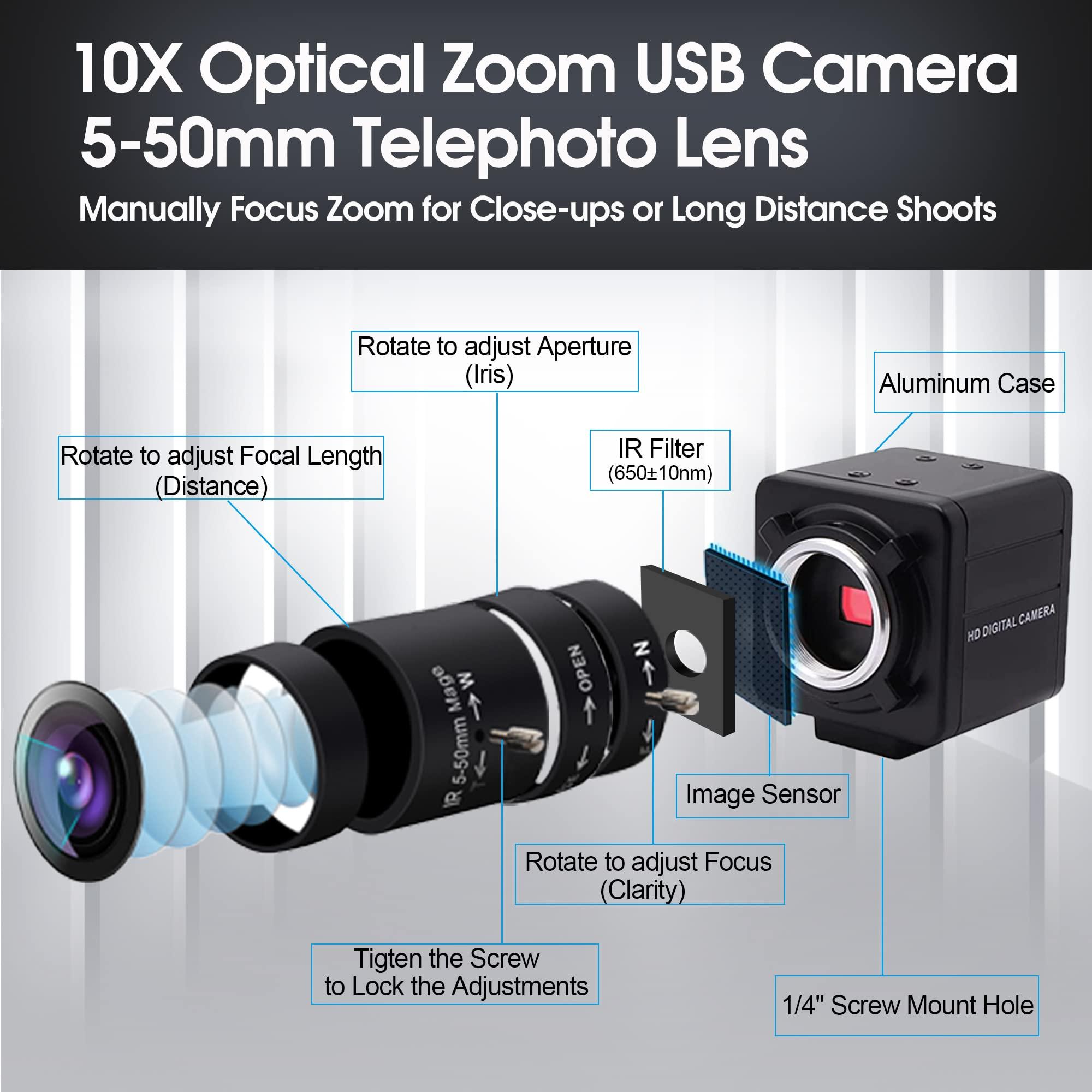 SVPRO SVPRO 4K Ultra HD Webcam USB Digital Industrial Camera with CS Mount 5-50mm Telephoto Zoom Manual Lens UVC Free Drive,10X Optical Zoom Video Camera with Sony IMX317 Sensor