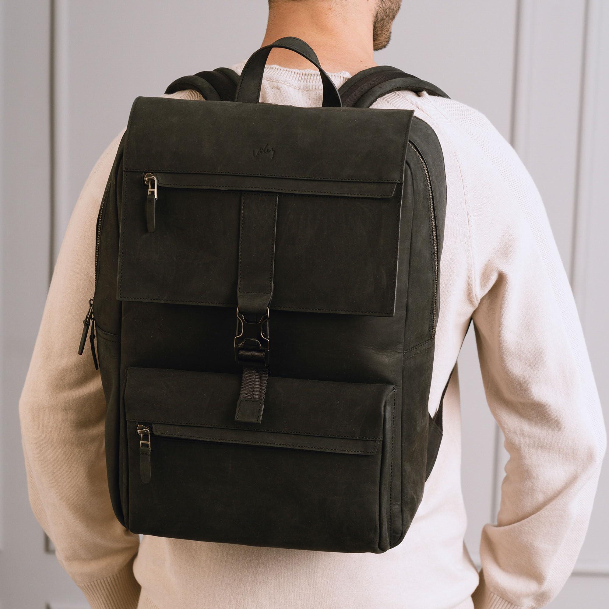 VELEZ VELEZ Black Top Grain Leather Backpack for Men and Women 17 Inch Laptop Bag for Work Handmade Business Bookbag With Large Capacity Computer Travel Shoulder Bags