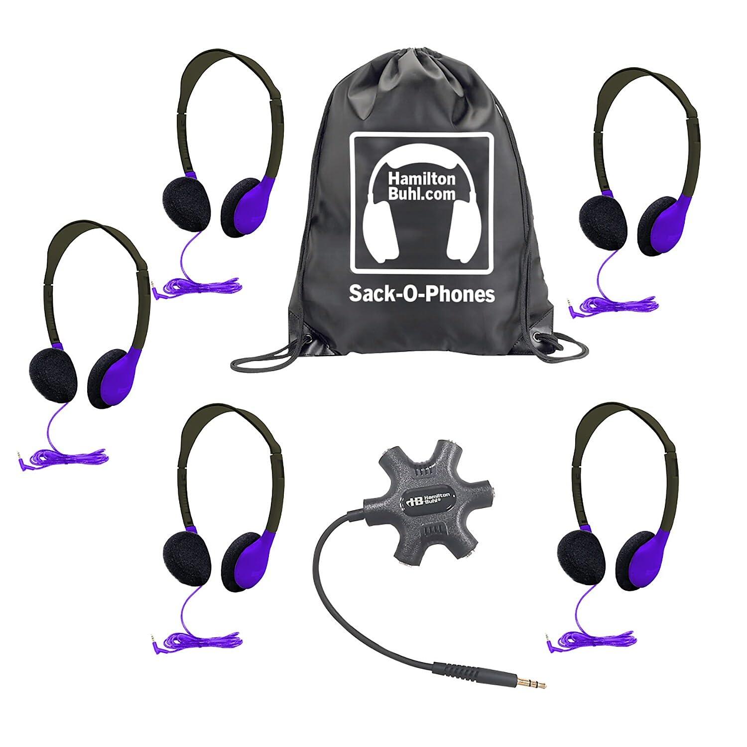 HamiltonBuhl HamiltonBuhl Galaxy Econo-Line of Sack-O-Phones with 5 Purple Personal-Sized Headphones, Starfish Jackbox and Carry Bag