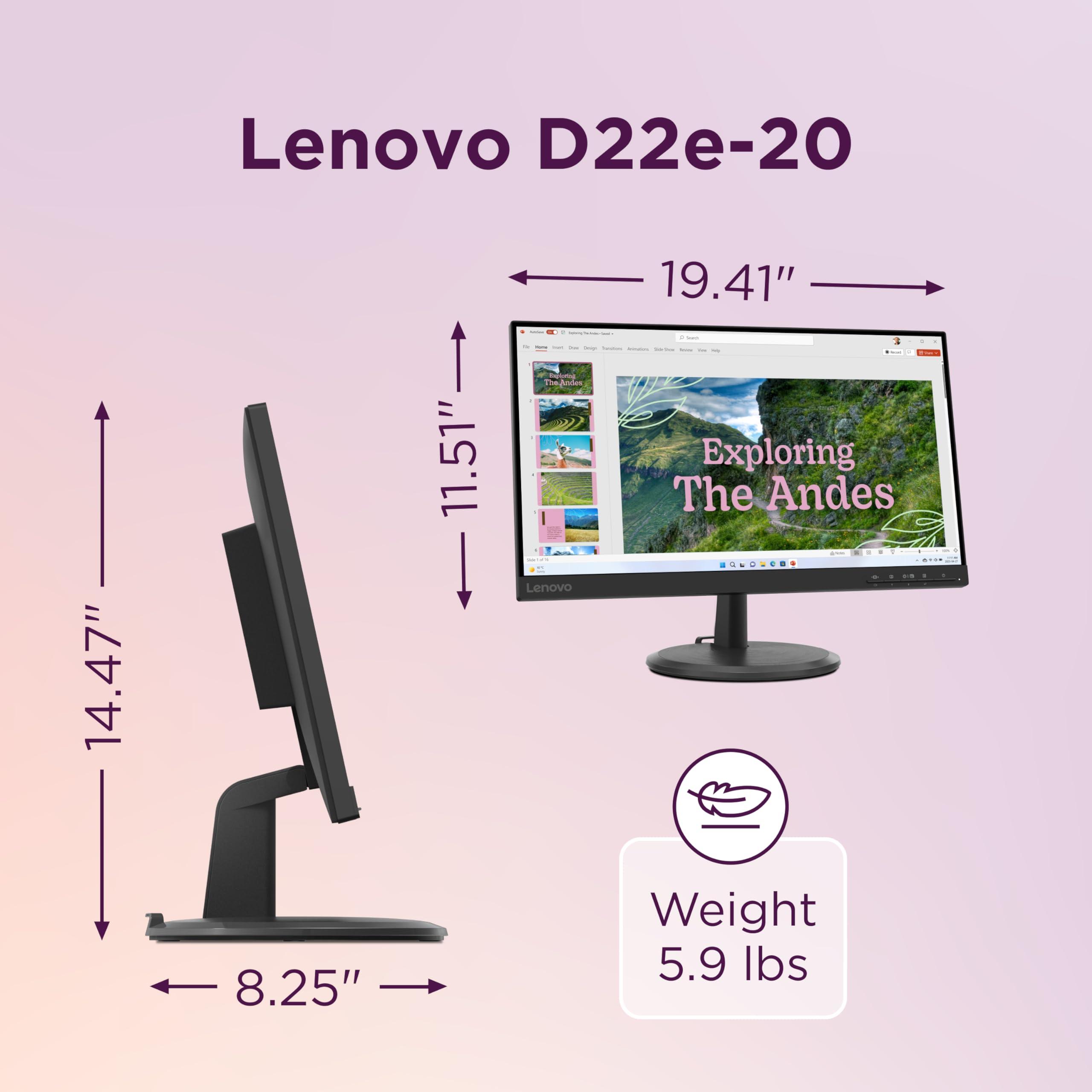 Lenovo Lenovo D22e-20 Monitor, 21.45 FHD Display, Customizable Tilt Stand, HDMI and VGA Ports, 250 Cd/m Brightness, Flicker-Free, 75Hz Refresh Rate, AMD FreeSync, Raven Black