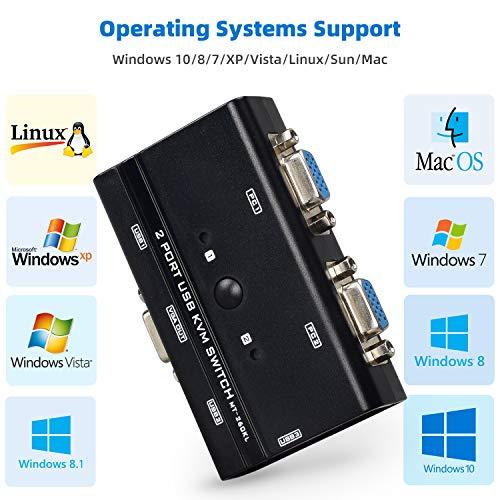 TCRAYCH VGA USB KVM Switch, 2 Port VGA KVM Switcher Selector with Cables for 2PC Sharing 1 Video Monitor and 3 USB Devices Keyboard Mouse Printer Scanner