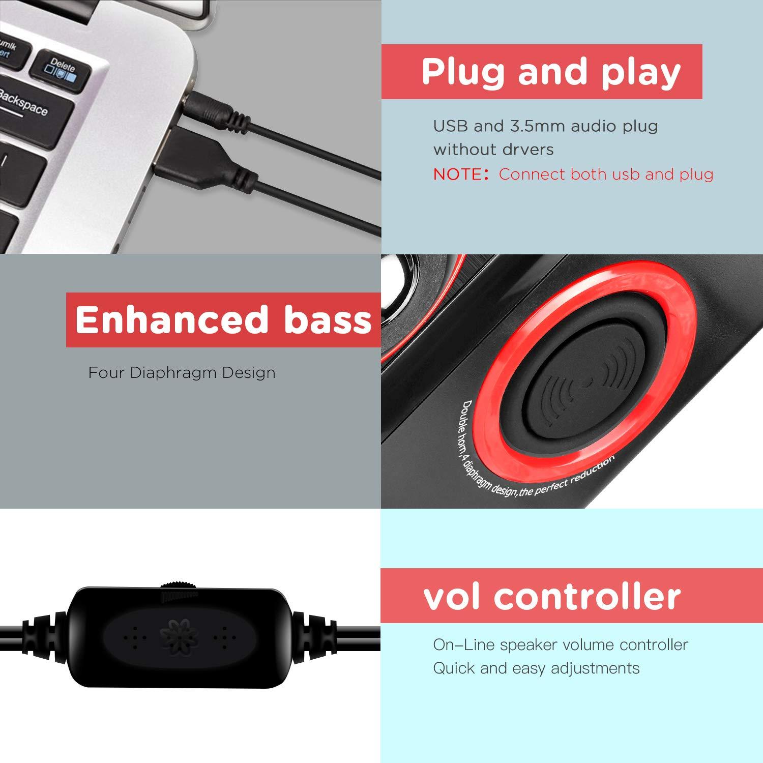 RECCAZR Computer Speakers, 2.0 CH PC Speakers with Surround Sound, USB Wired Laptop Speakers with Deep Bass for Desktop Computer/PC/Laptops/Smart Phone Build-in 4 Loudspeaker Diaphragm Reccazr SP2040|RED