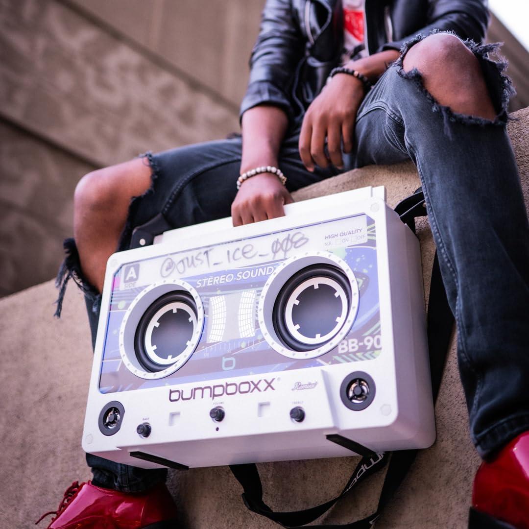 Bumpboxx Bumpboxx Remixx Bluetooth Boombox Bluetooth Speaker with The Looks of a Cassette | Bringing Back The Retro Cassette Vibes | Includes Wireless Microphone | White Frost