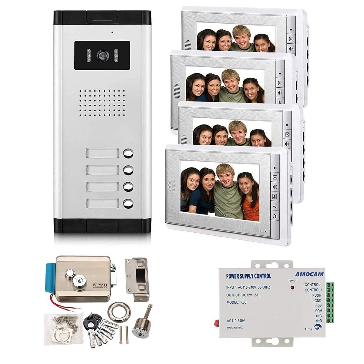 AMOCAM AMOCAM Apartment Video Intercom System and Electric Control Door Lock and 12V Power Supply Control for 4 Units Apartment Household