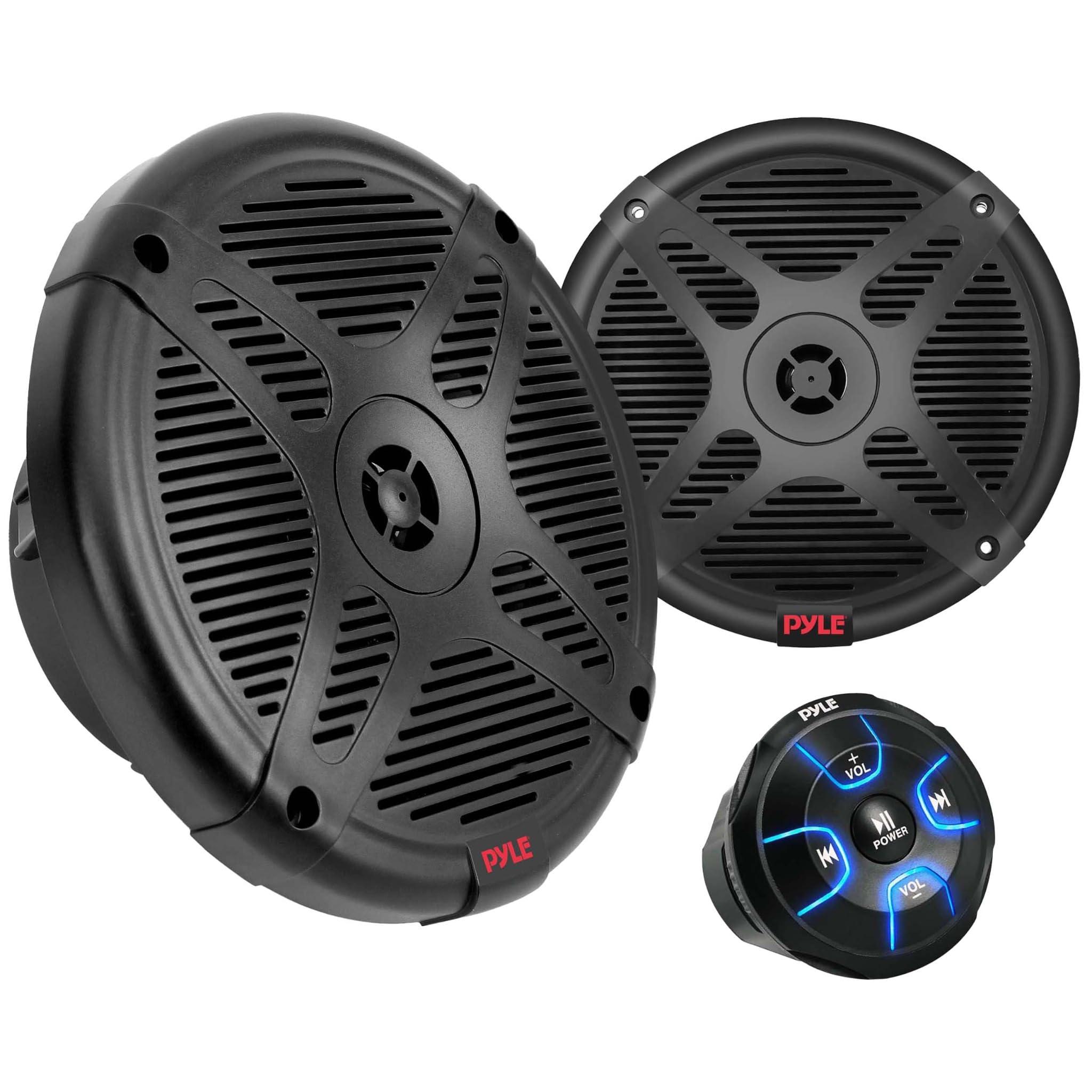 Pyle Pyle 6.5\'\' Dual Marine Speakers Kit - Waterproof-Rated w/Amplified Bluetooth Remote Control Receiver for Powersport Vehicles, IP65 Marine Grade Rating, 600 Watt Max Power PLMRKT8, Black