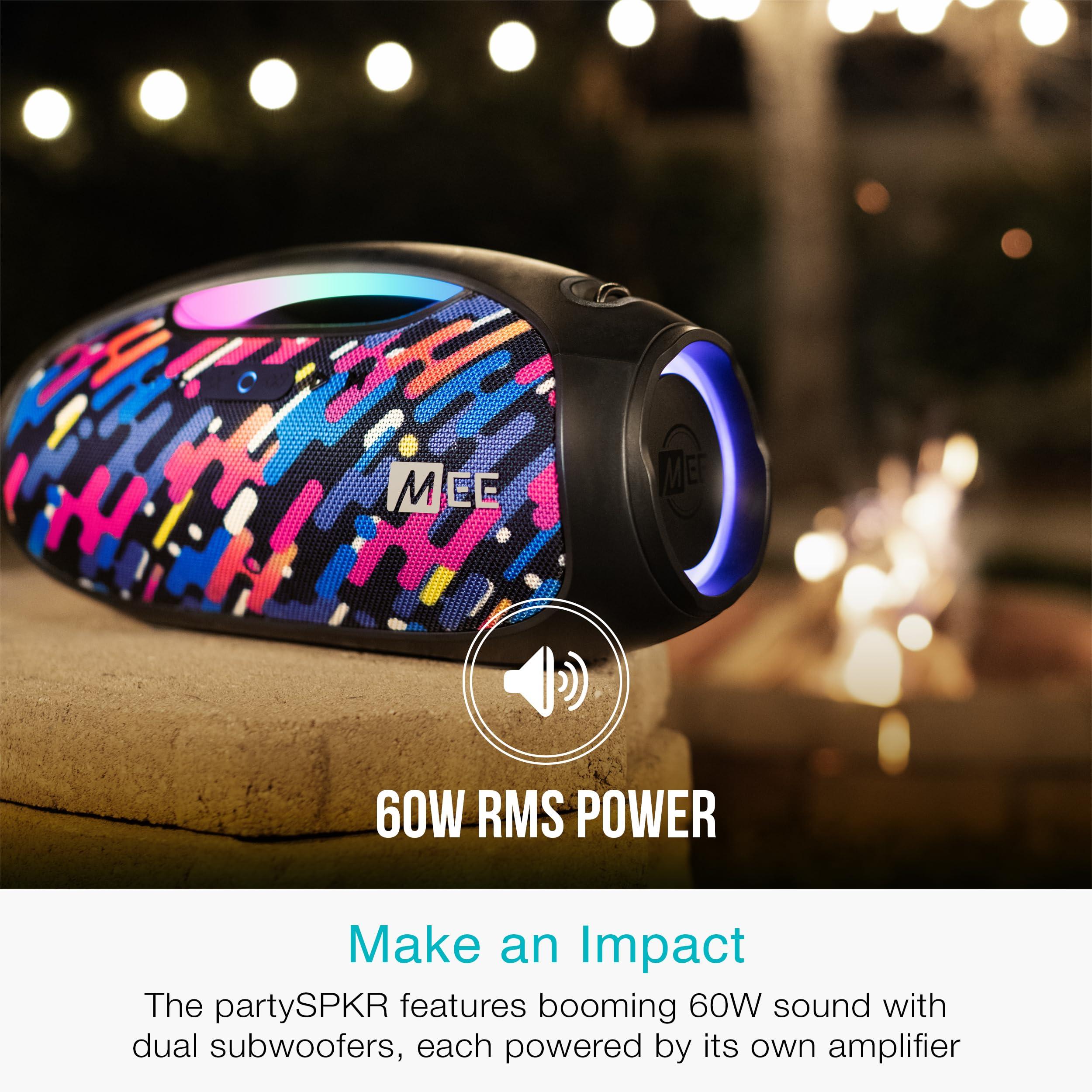 MEE audio MEE audio PartySPKR Bluetooth Wireless Speaker, Powerful 60W RMS Stereo Sound, 2 Subwoofers, Dynamic LED Lighting, Party Mode for Connecting 100+; Portable Speaker for Indoor & Outdoor Use, Colorful