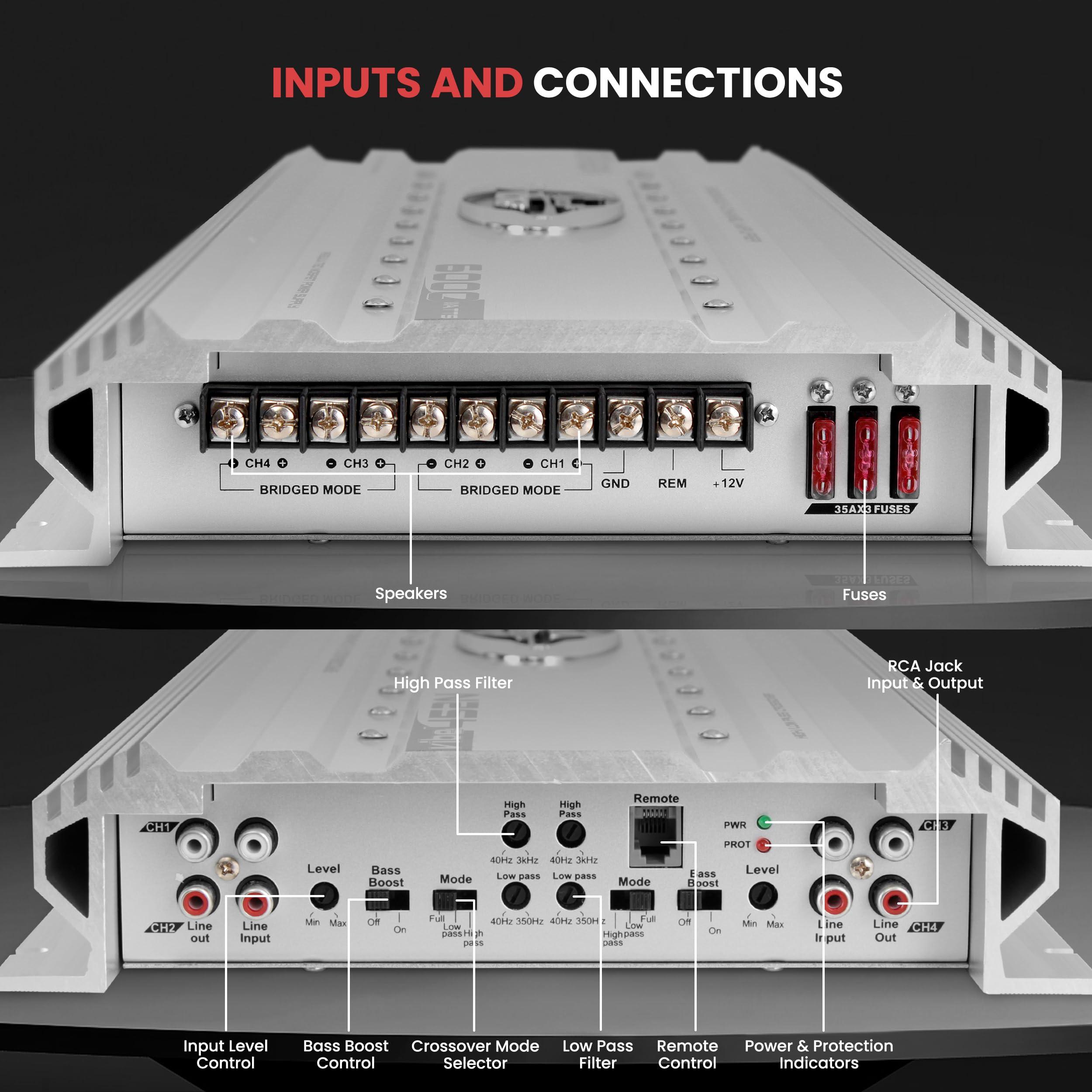 Lanzar Lanzar Premium Car Audio, Amplifier Car Audio, Car Stereo Amplifier, 5,000 Watt, 4-Channel, RCA Input, Subwoofer Bass Control, Power Amp, LED Indicator, Car Electronics, Gray (VIBE442N.5)