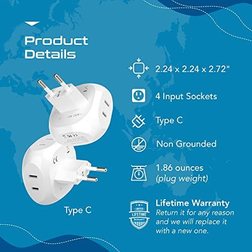 Ceptics Ceptics European Travel Plug Adapter Europe Power Adaptor Charger 4 Input - Ultra Compact - Light Weight - USA to Any Type C Countries Such as Italy, Iceland, Austria and More - 2 Pack (PT-9C)
