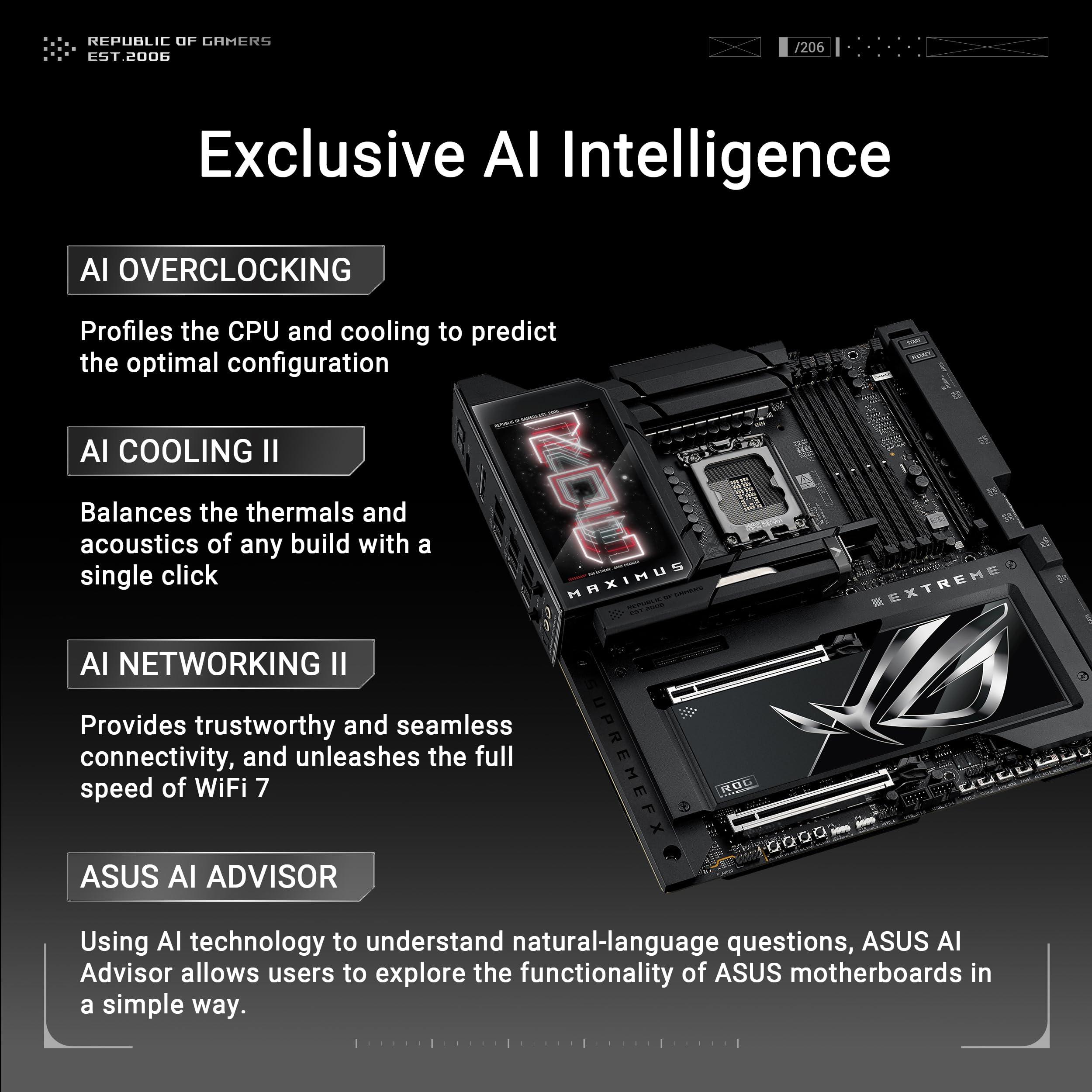 ASUS ASUS ROG MAXIMUS Z890 EXTREME Intel Z890 LGA 1851 E-ATX motherboard, Advanced AI PC-ready, 24+2+1+2 stages, DDR5, WiFi7, 2.5G/10G LAN, PCIe 5.0 M.2, Thunderbolt 5, USB Type-C, AI OC, 5 LCD Screen