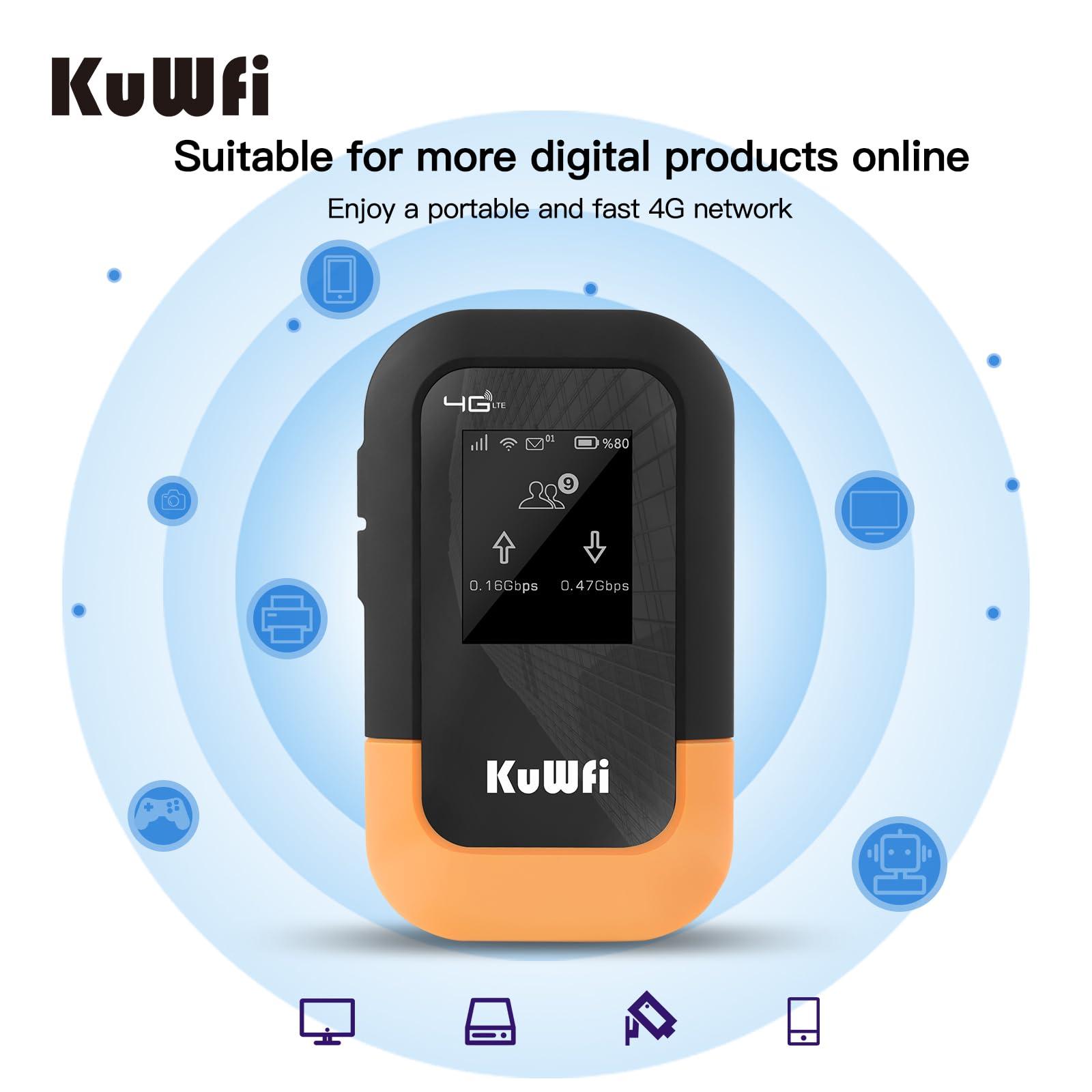 KuWFi KuWFi 4G LTE WiFi Mobile Hotspot Device, 150Mbps WiFi Hotspot Portable Travel Router Includes 2G Data, Portable WiFi Hotspot for Travel Support 10 Devices, AT&T T-Mobile, B2/B4/B5/B12/B13/B66