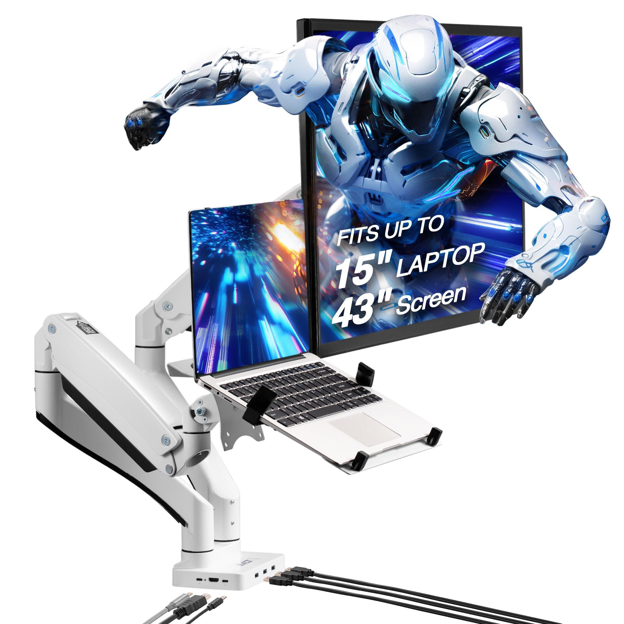 AVLT AVLT Dual 17-43\" Monitor Arm Desk Mount with 15\" Laptop Tray and USB-C Docking Station, HDMI 4K60Hz, USB-A 5Gbps, Ethernet, 100W PD, Fits Two Flat/Curved Monitor - White