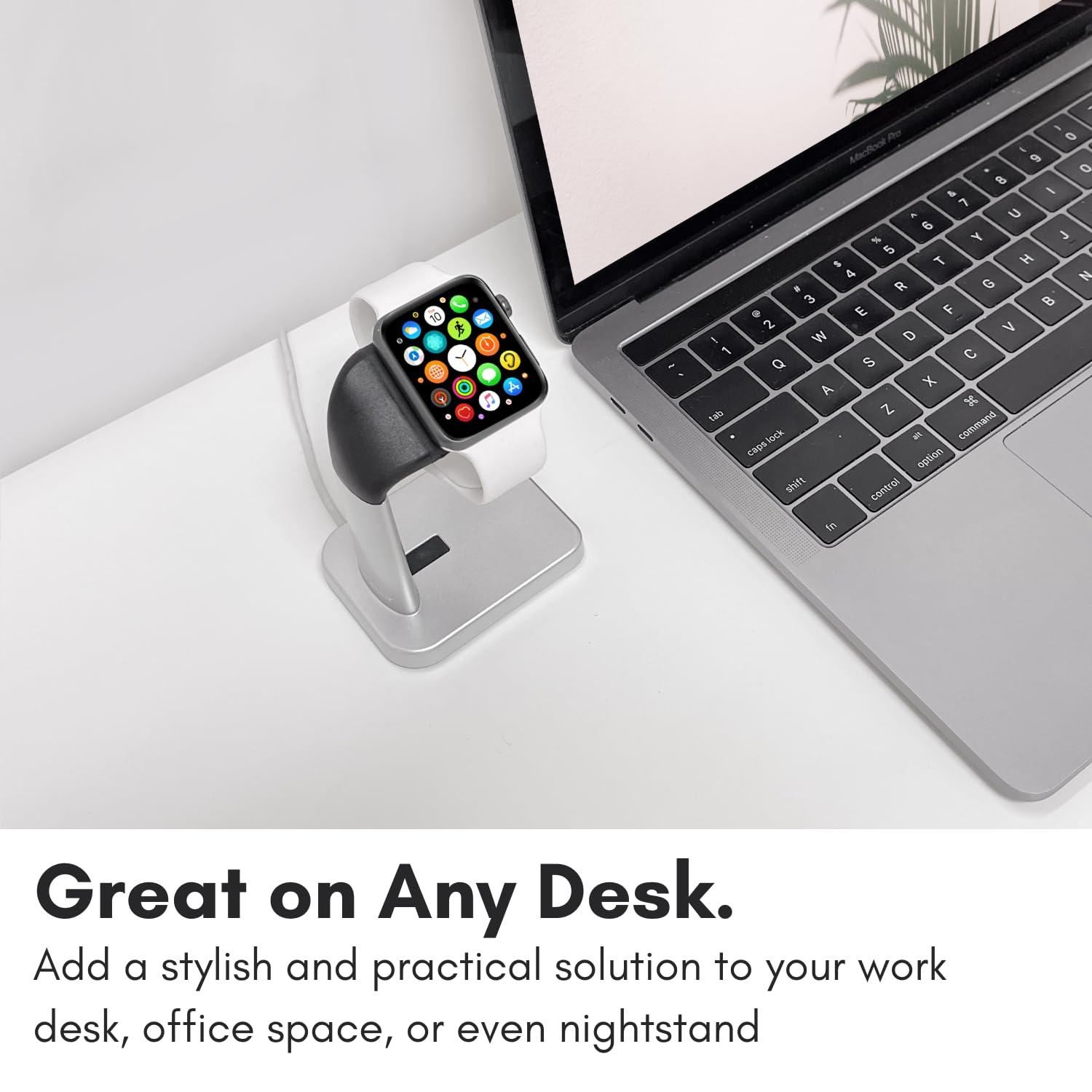 Macally Macally Apple Watch Stand for Series Ultra 9 8 7 6 5 4 3 2 1 SE (49mm 45mm 44mm 42mm 41mm 40mm 38mm) - Apple Watch Charger Stand Dock Holder - Sleek Desk iWatch Charging Station - Silver