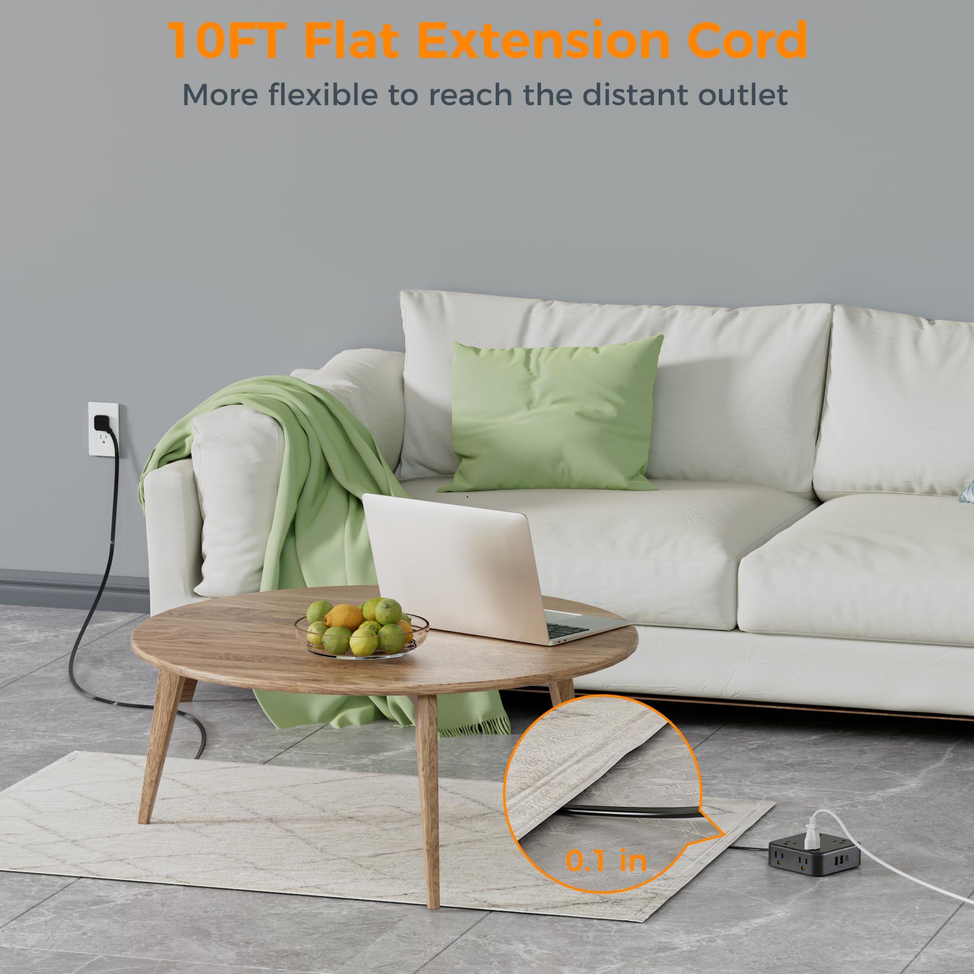 TESSAN Power Strip Surge Protector 10 Ft Cord, 8 AC Outlets, 3 USB Charger (1 USB C Port), Thin Flat Extension Cord 10 Feet, Flat Plug, 900 Joules Protection, for Home, Office, Dorm Room Essentials, Black