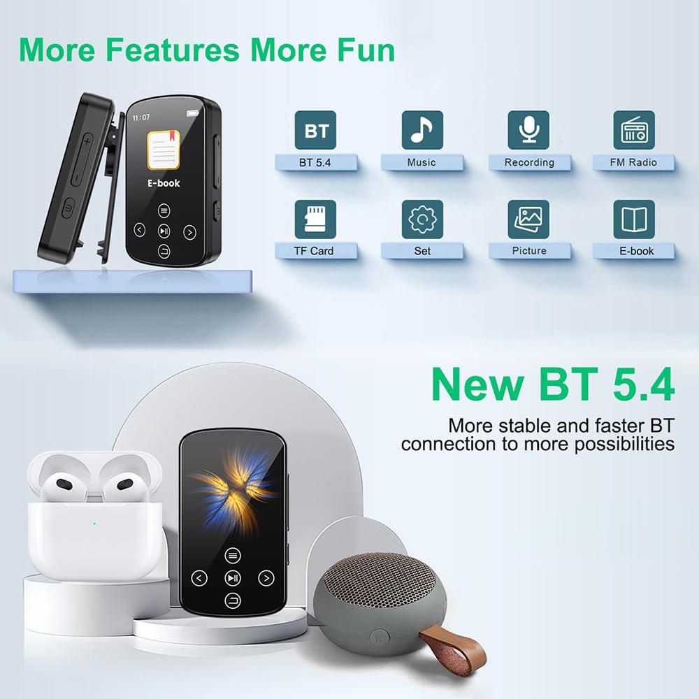 Docooler Docooler MP3 Player with Bluetooth 5.4, 1.5 Inch Colorful Screen with Sensitive Touch Button, Hi-Fi Music MP3 Player with Clip Pedometer Voice Recorder, Support TF Card, for Sports, Running - Black