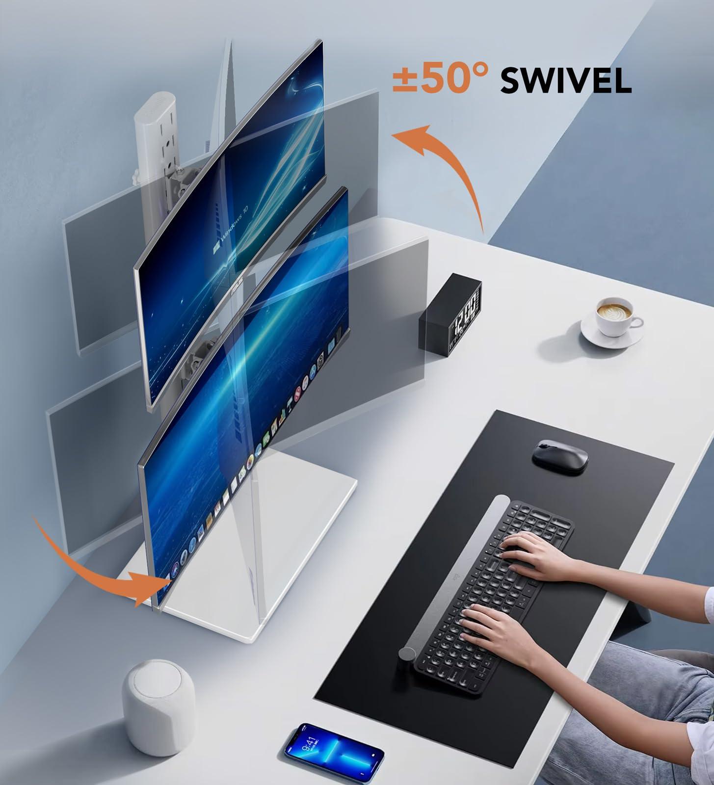 Hemudu Dual Monitor Stand - Vertical Stack Screen Free-Standing Monitor Riser Fits Two 13 to 34 Inch Screen with Swivel, Tilt, Height Adjustable, Holds One (1) Screen up to 44Lbs HT05W-002 White