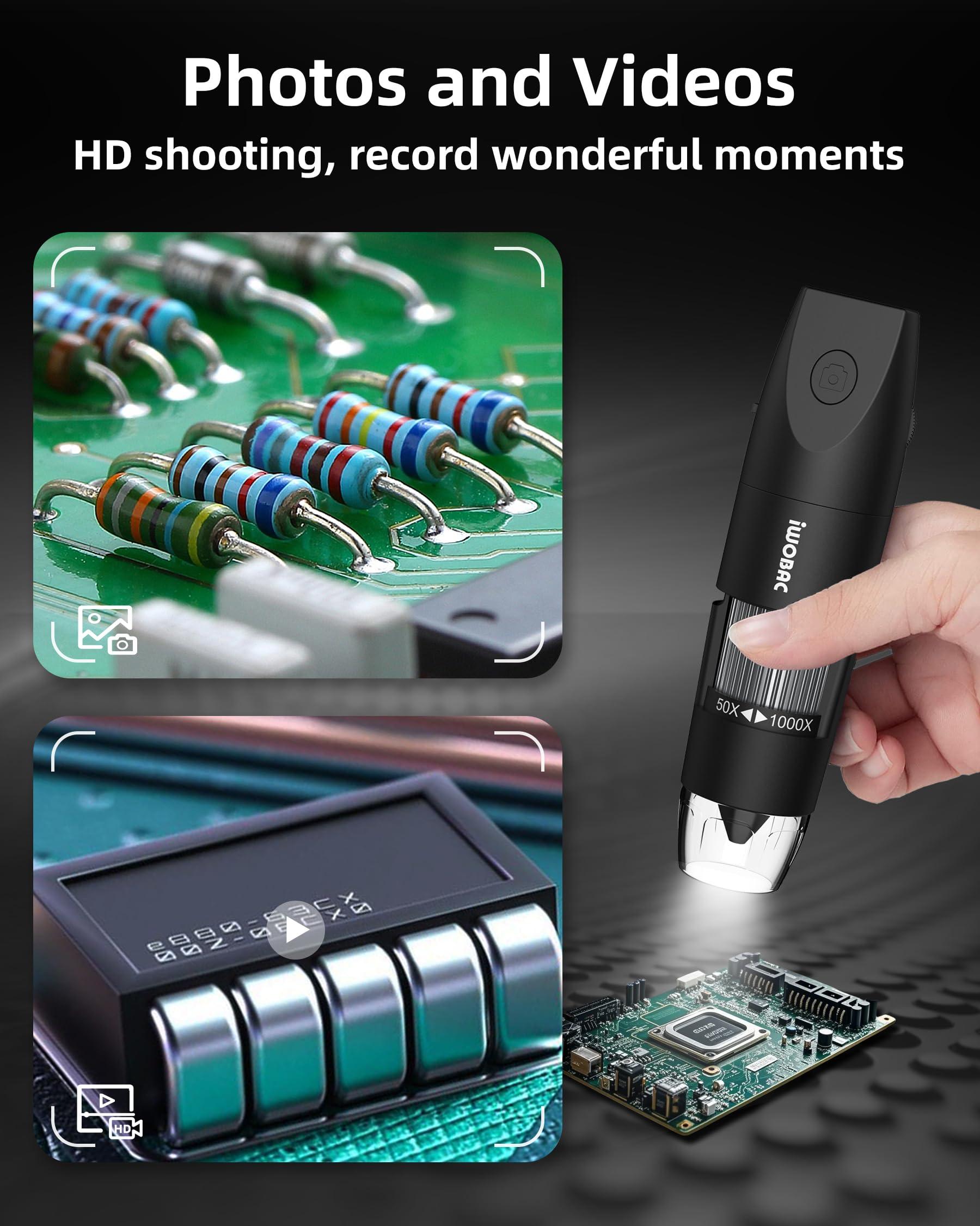 IWOBAC Digital Microscope Wireless Pocket Handheld USB Microscopes, 50x-1000x Zoom Fixed Focus HD Magnifier with LEDs, Inspection Camera Compatible with iPhone, Android Phone, MacBook, Windows PC (Black)