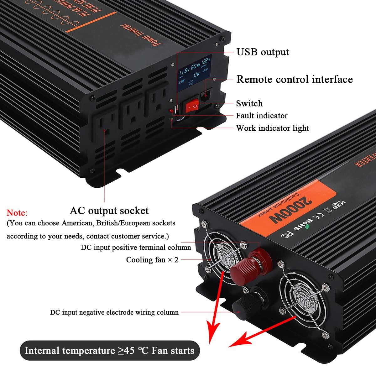 TOOJUN Car Power Inverter Pure Sine Wave DC 12V/24V/48V/60V to AC 120V/220V Transformer Convert with Wired Remote Control (Optional Socket),12V-120V