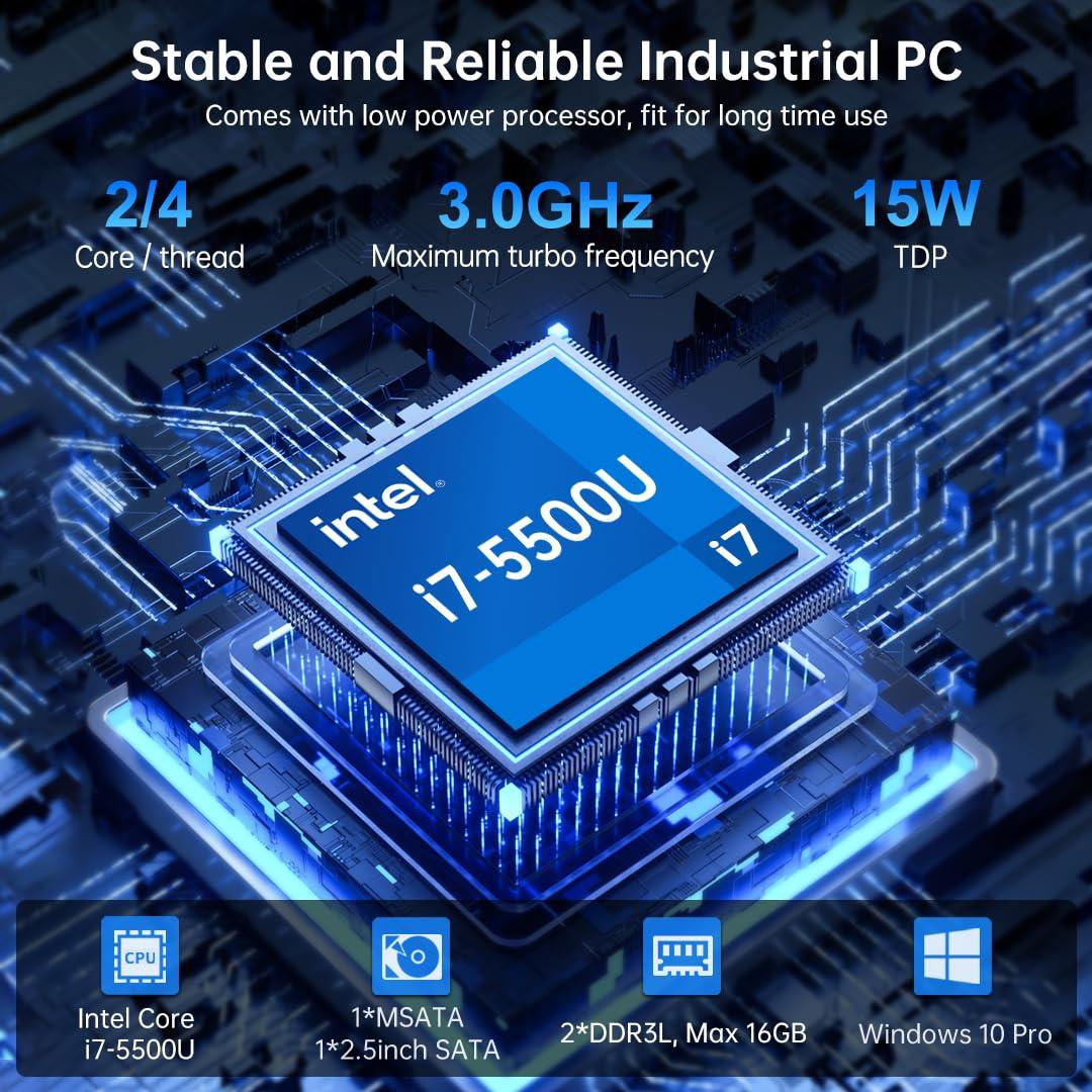 msecore msecore Fanless Industrial PC, Mini Computer with Core i7-5500U, 16G RAM 256G SSD, Dual NIC, 2*COM RS232, Support 4G Module/SIM, Wi-Fi, 1*HDMI 1*VGA, Windows 10 Pro