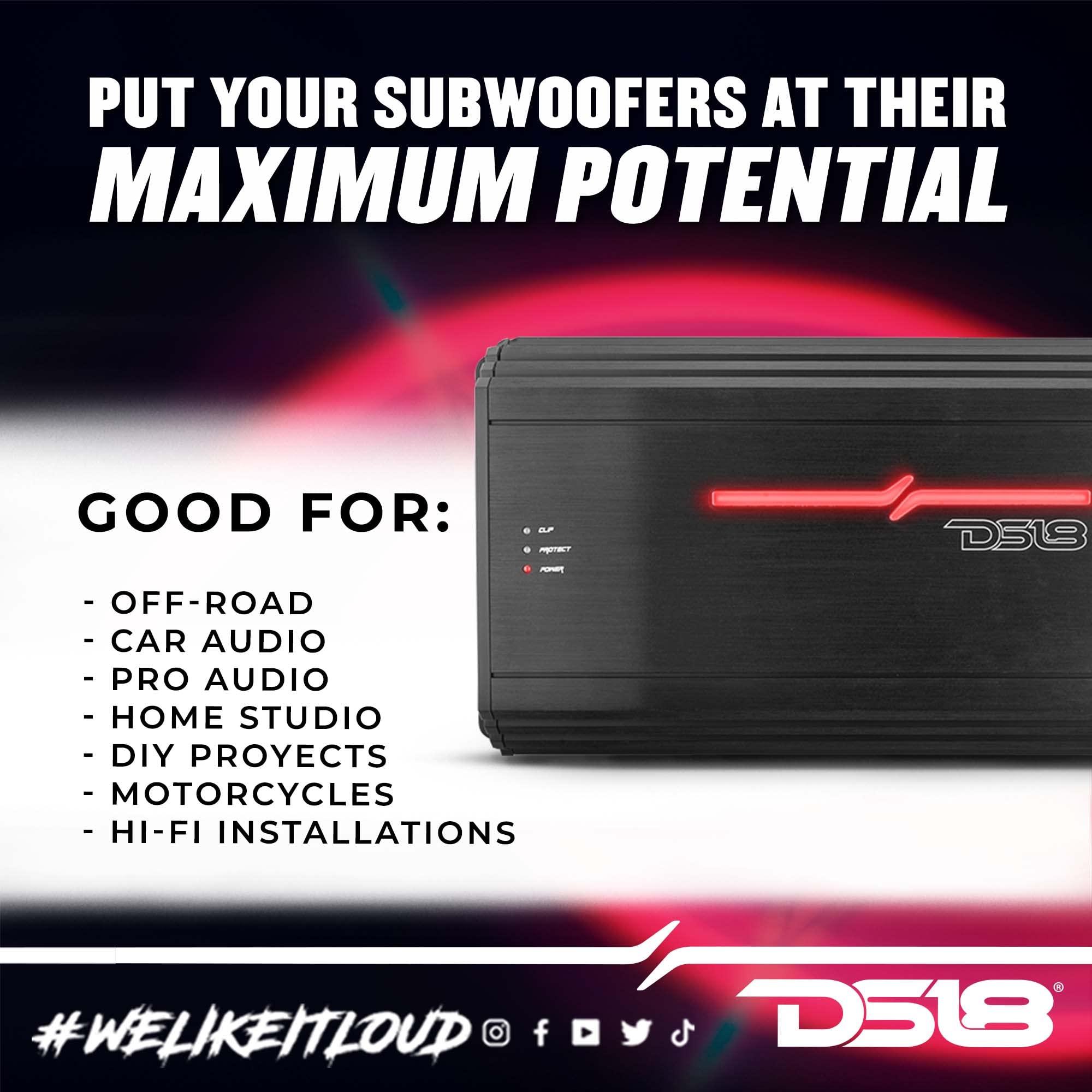 DS18 DS18 ZR1500.1D Car Amplifier 1-Channel Digital Class D Subwoofer Monoblock Amp 4500 Watts Max Wattage at 1-Ohm - Adjustable Low Pass & Subsonic Filters with Bass Boost - Remote BASS Knob Included