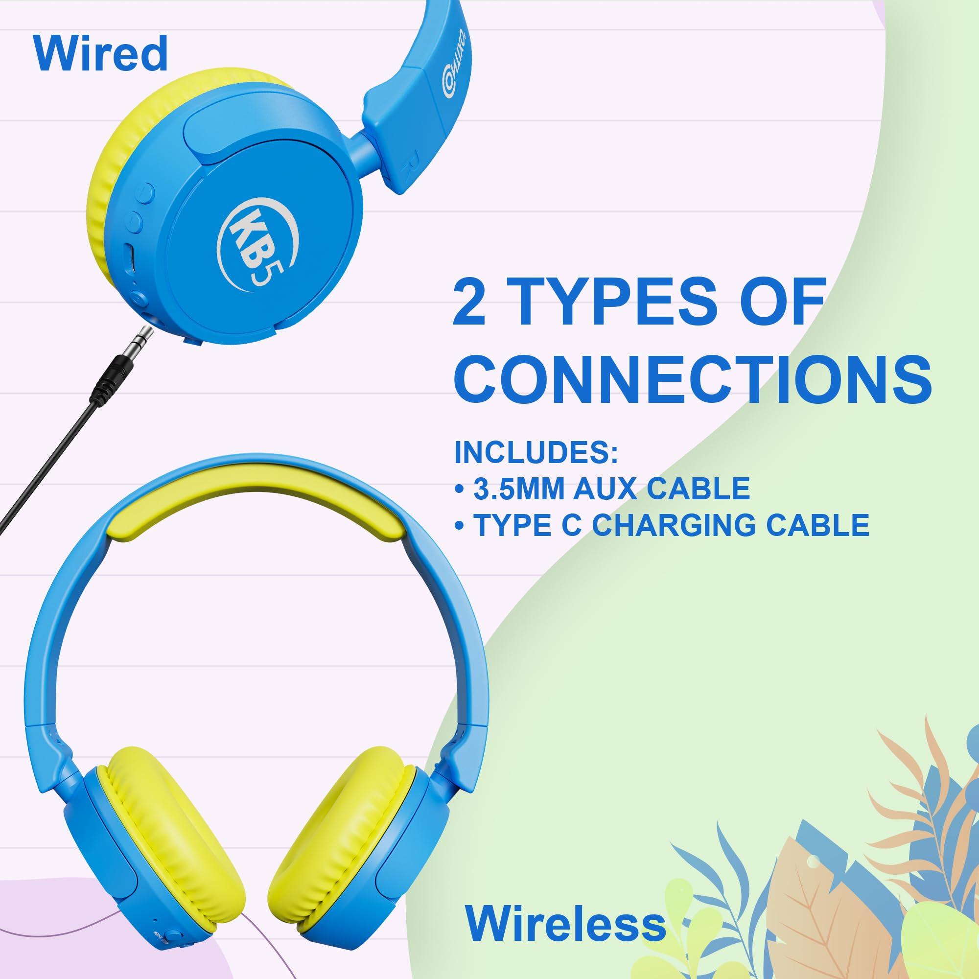 Contixo Contixo KB-5 Kids Headphones - Over The Ear Foldable Bluetooth Wireless Headphone for Kids - 85dB with Volume Limited - Toddler Headphones for Boys and Girls (Blue + Yellow)