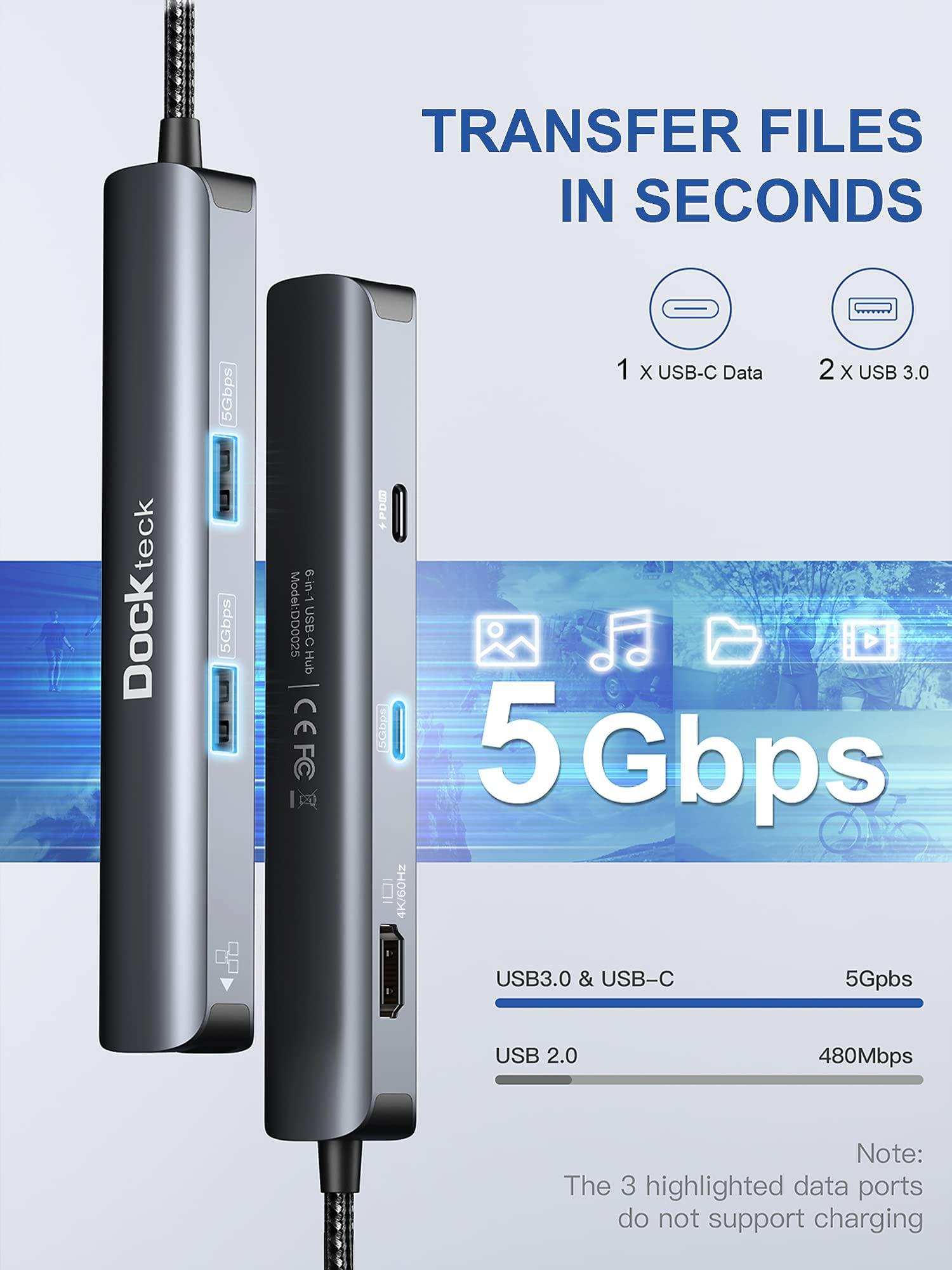 dockteck Dockteck 6-in-1 USB C Hub with 4K 60Hz HDMI, USB-C Data Port, 1Gbps Ethernet, 100W PD, 2 USB 3.0 Bundle with USB C to HDMI VGA Adapter, CableCreation USB Type C to Dual VGA HDMI Splitter Converter