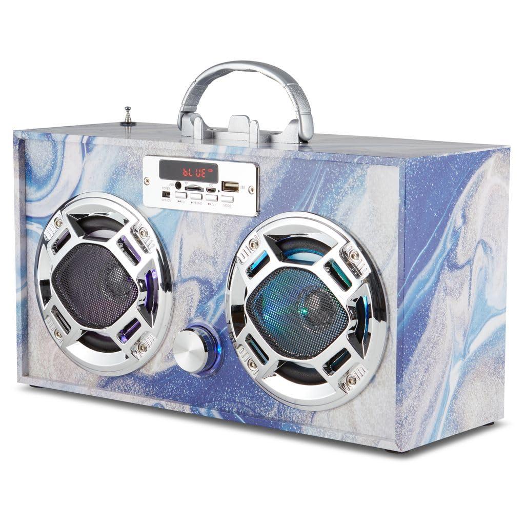 Wireless Express Wireless Express - Portable Party Speaker: Retro Boombox with Bluetooth, LED Light Show, Enhanced FM Radio, Rechargeable Battery (Blue Swirl - Bundle w/Mic)