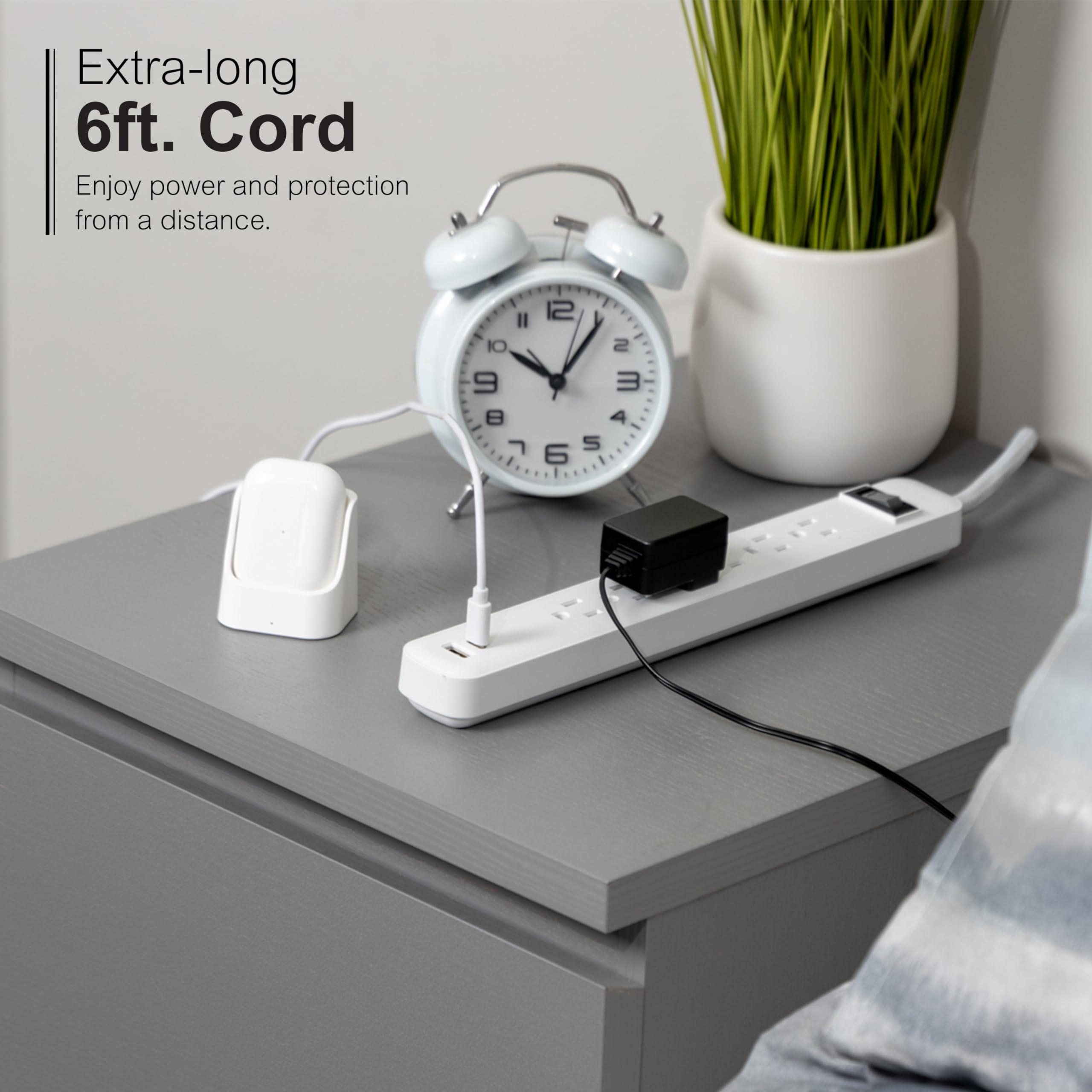 GE GE 6-Outlet Power Strip with USB, 1 USB-A, 1 USB-C, Outlet Extender, 6 Ft Braided Extension Cord, Flat Plug, Charging Station, White, 82594