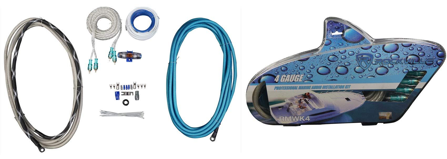 Rockville Rockville Pair RM-PREMIUM-65 Black 6.5\" 600w Marine Boat Speakers Bundle DBM25 1400 Watt 2 Channel Marine/Boat Amplifier RMWK4 Amp Install Wire Kit (3 Items)