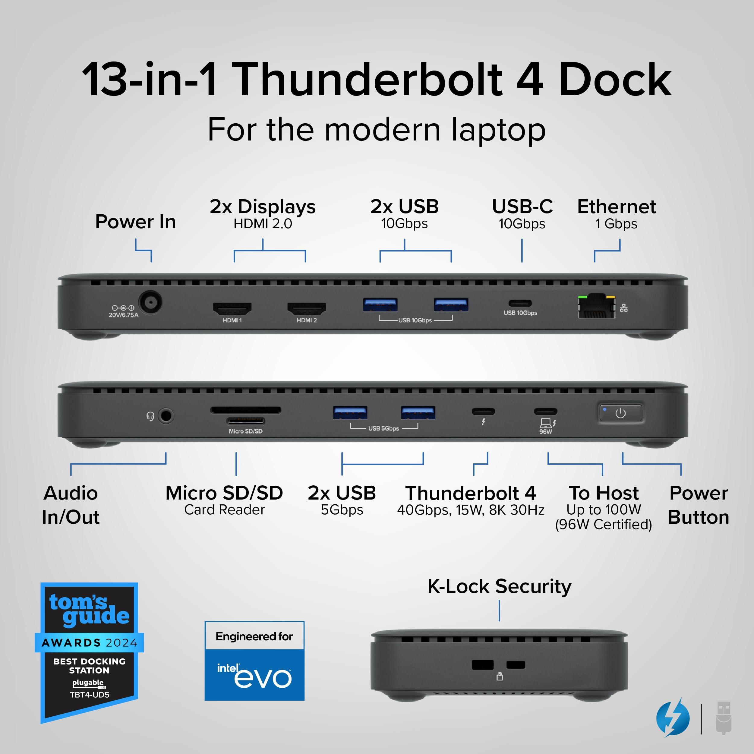 Plugable Plugable Thunderbolt 4 Dock with 100W Charging, Thunderbolt Certified, Laptop Docking Station Dual Monitor Single 8K or Dual 4K HDMI for Windows and Mac, 4X USB, Gigabit Ethernet (TBT4-UD5)